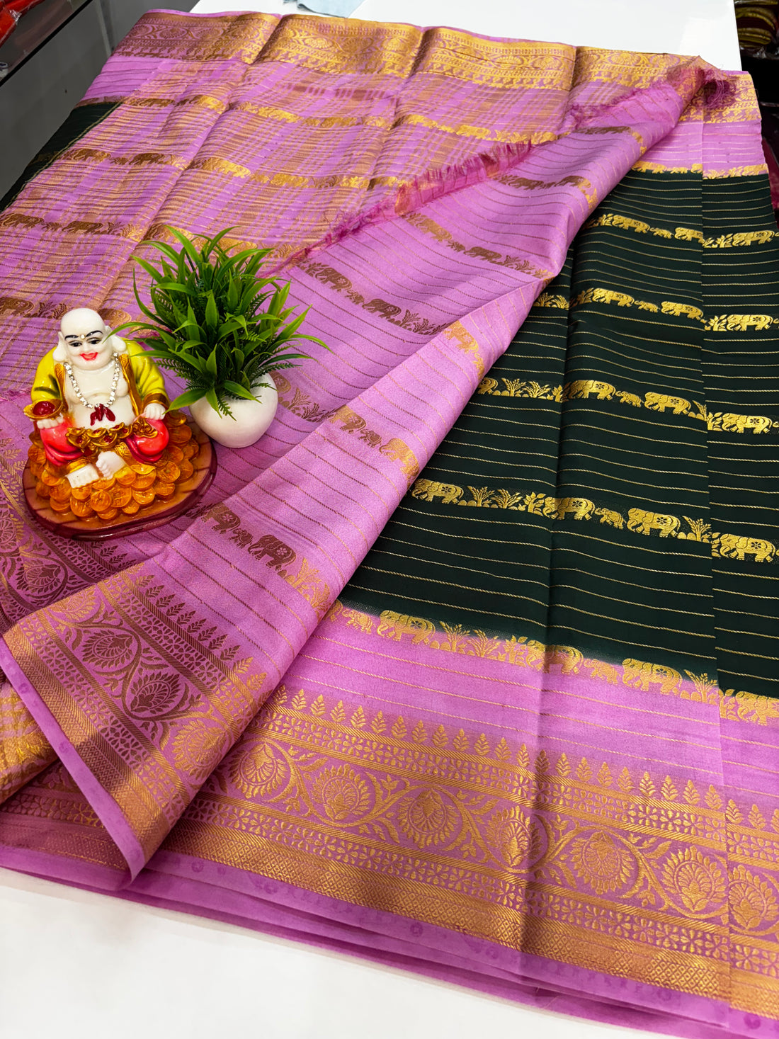 Beautiful Mysore Crepe Silk Saree with Elephant Stripes