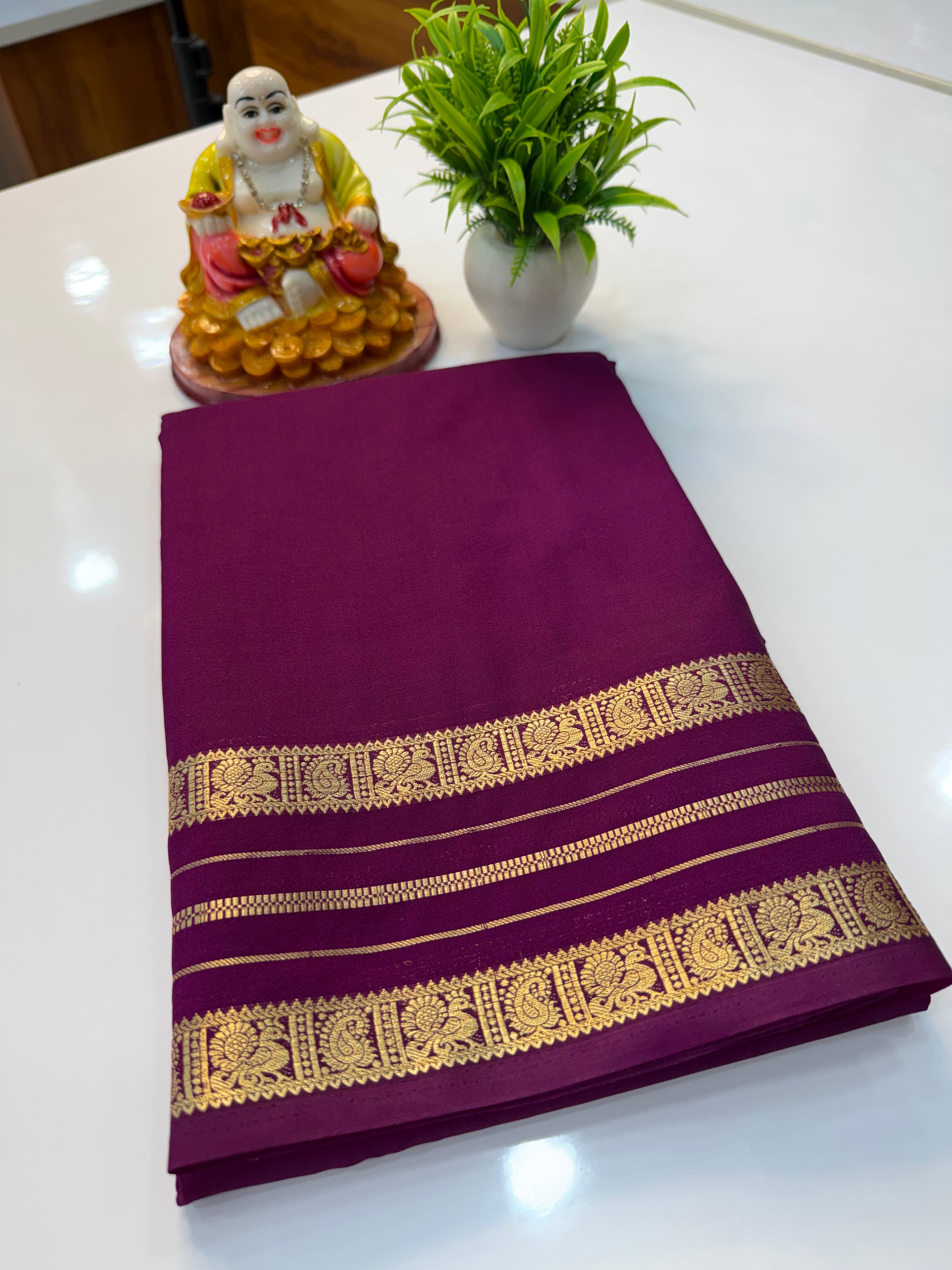 Mysore Crepe Silk Saree with Peacock Border & Rich Pallu