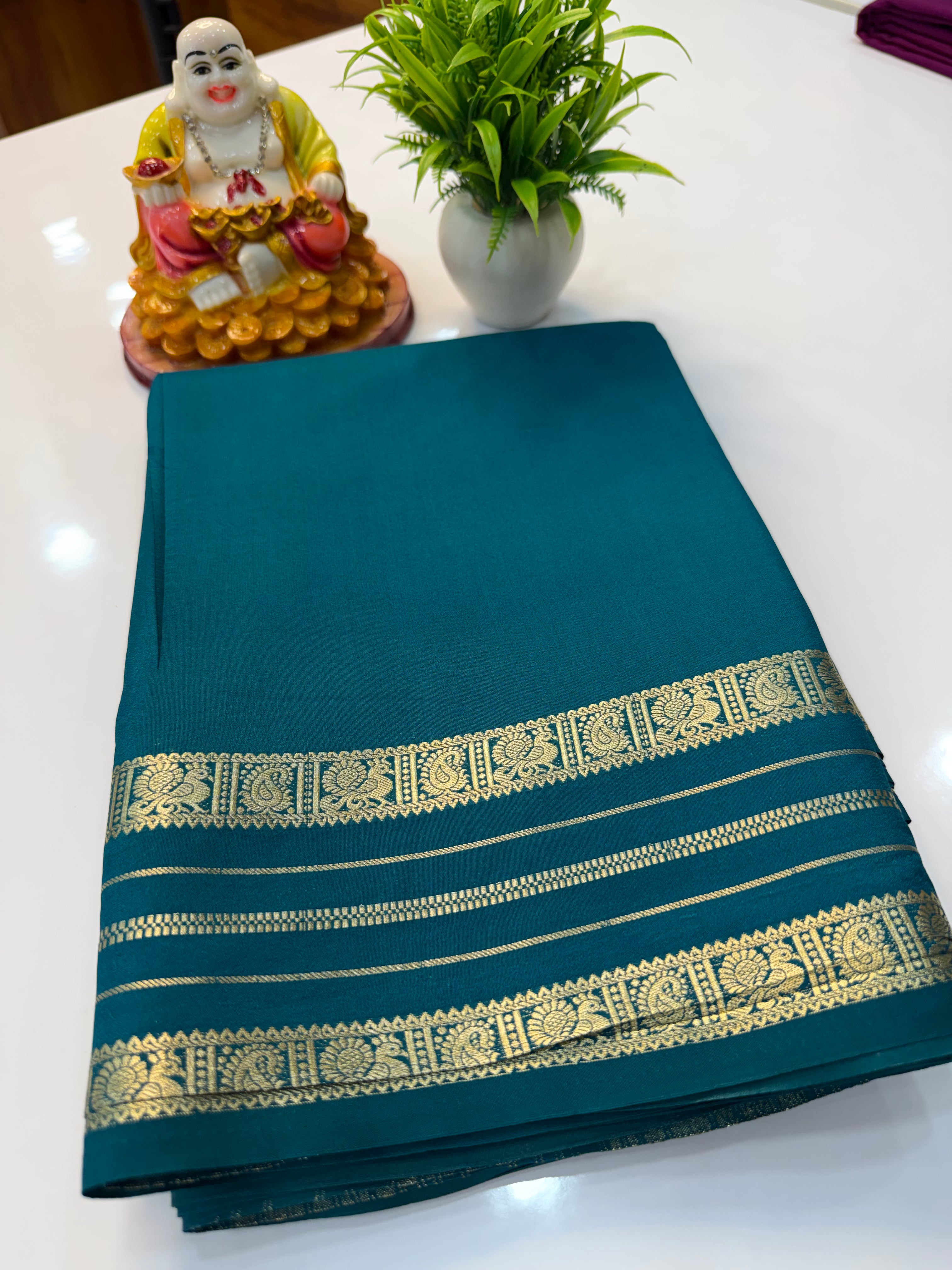Mysore Crepe Silk Saree with Peacock Border & Rich Pallu