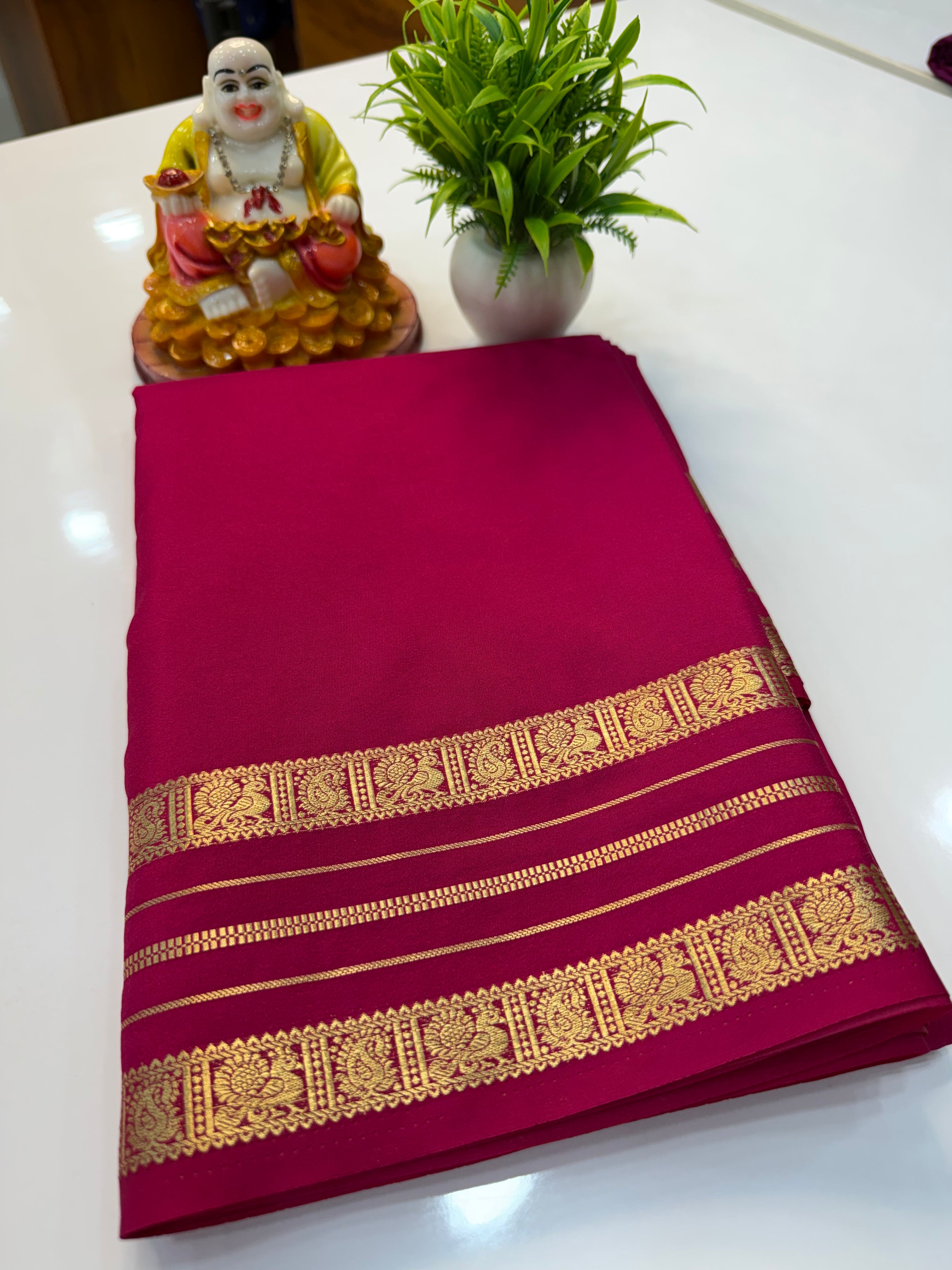 Mysore Crepe Silk Saree with Peacock Border & Rich Pallu