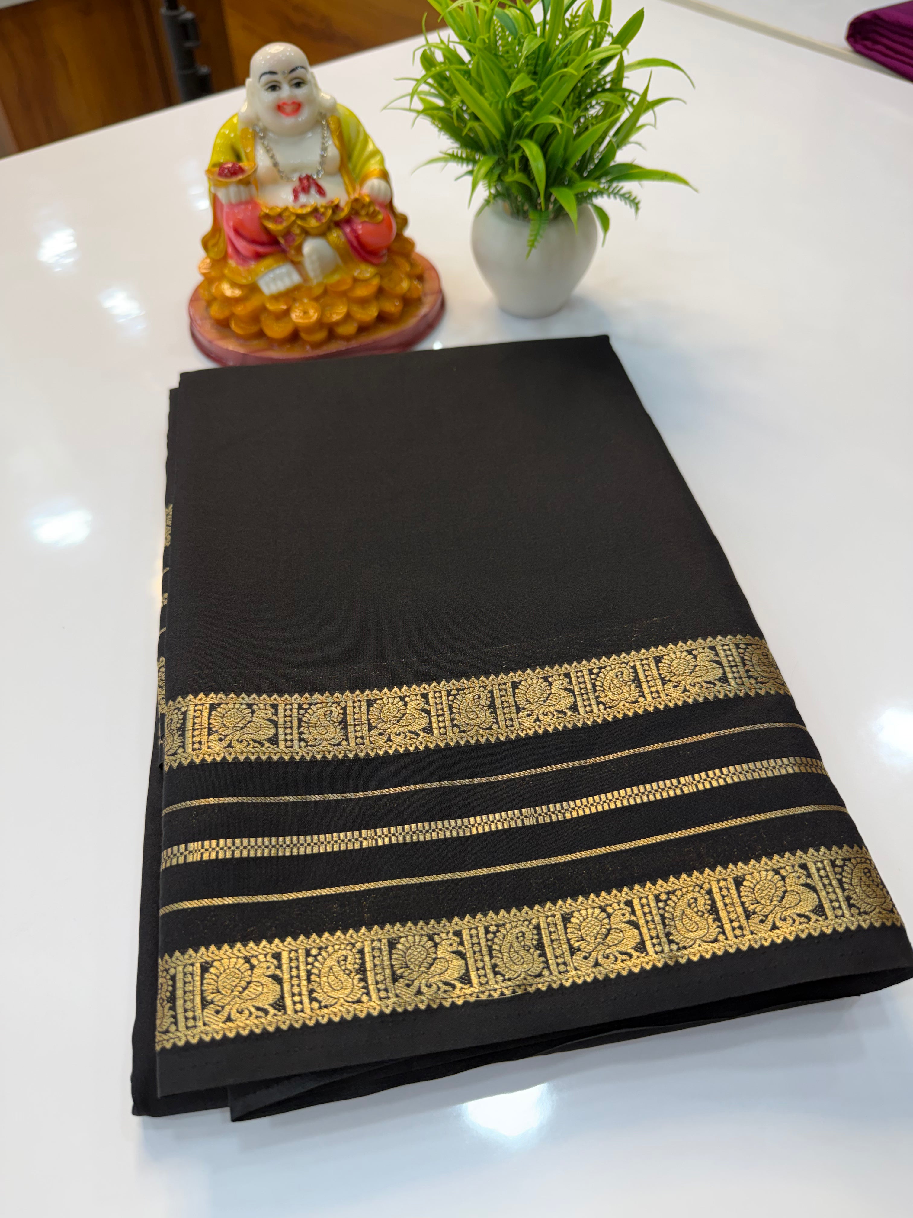 Mysore Crepe Silk Saree with Peacock Border & Rich Pallu