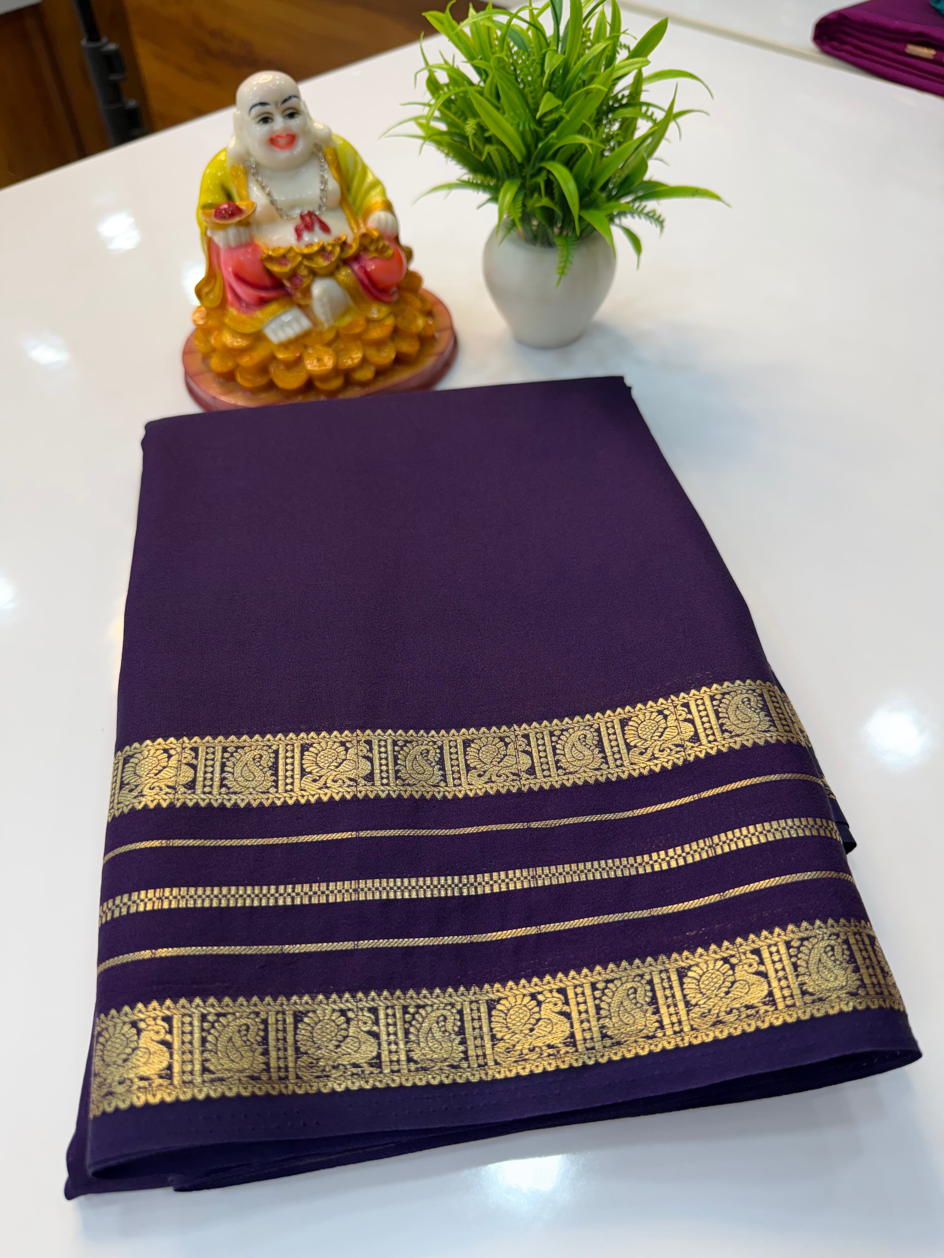 Mysore Crepe Silk Saree with Peacock Border & Rich Pallu
