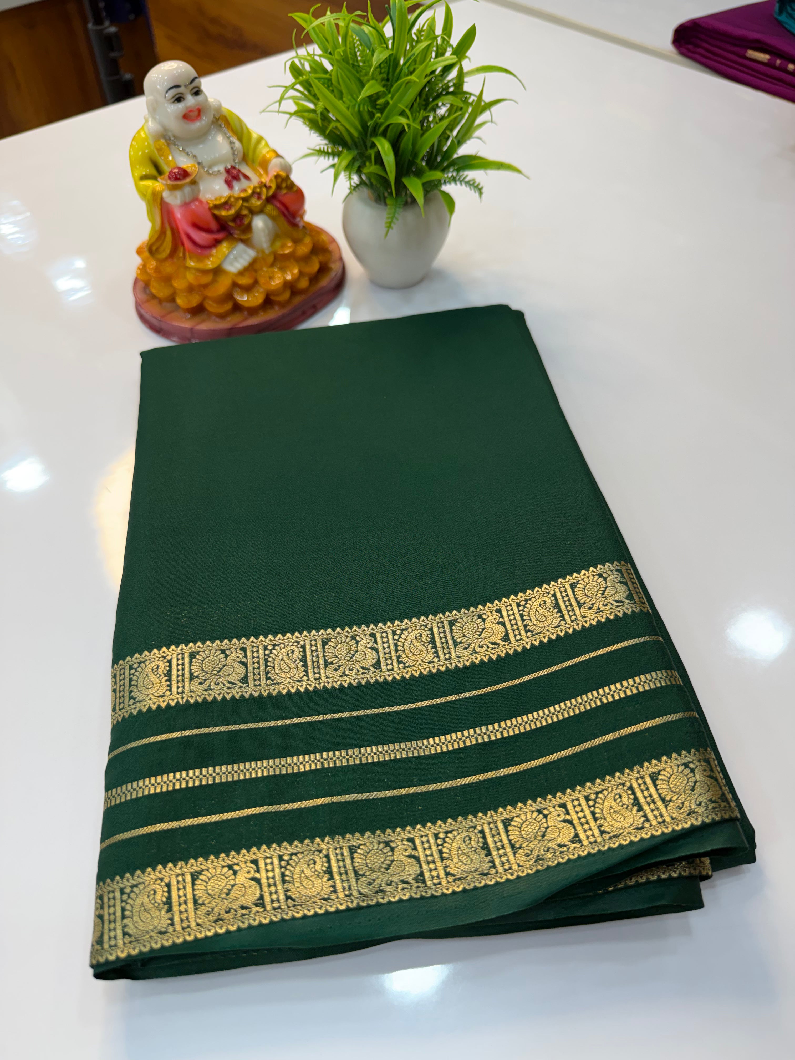 Mysore Crepe Silk Saree with Peacock Border & Rich Pallu