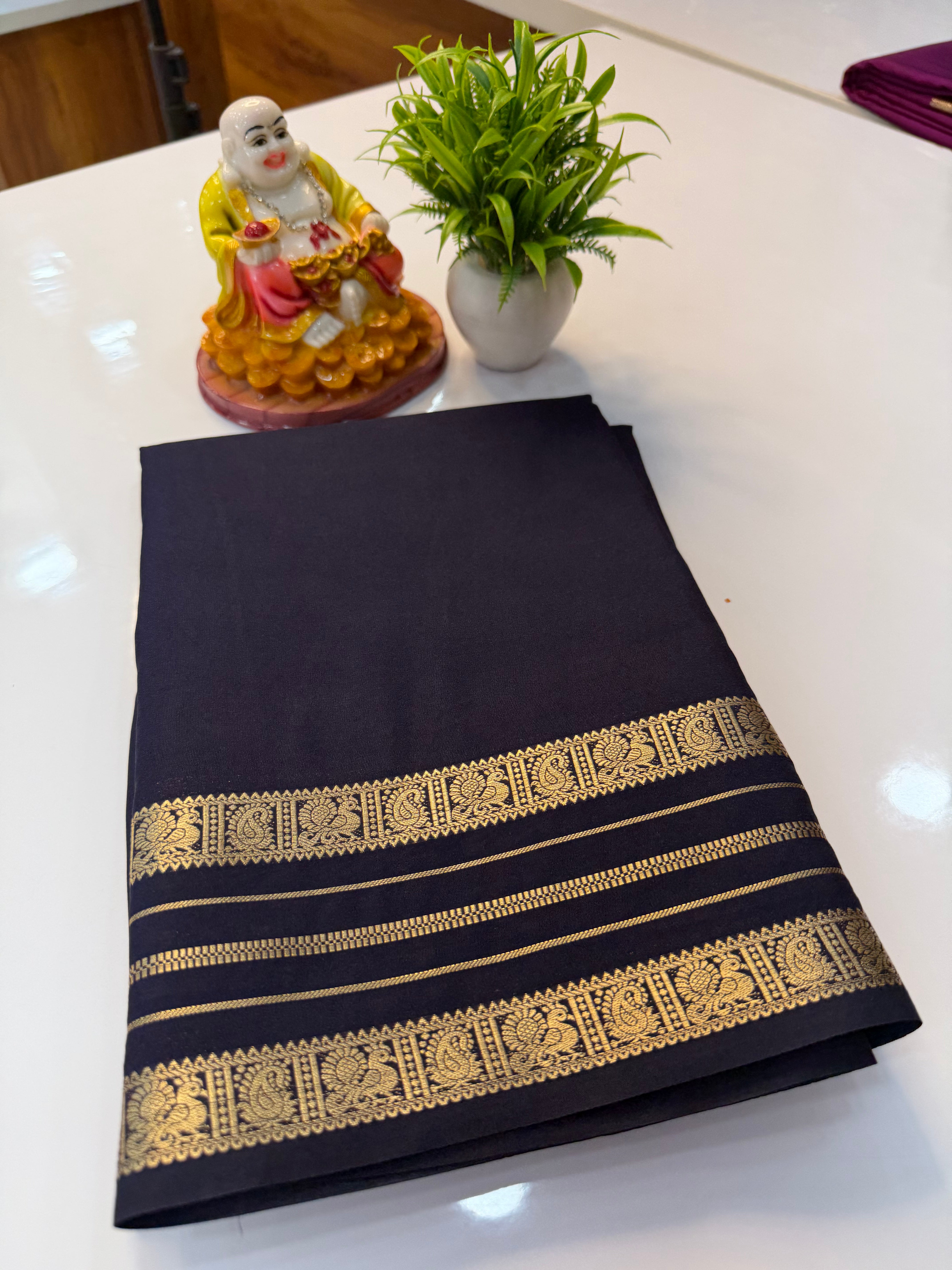 Mysore Crepe Silk Saree with Peacock Border & Rich Pallu
