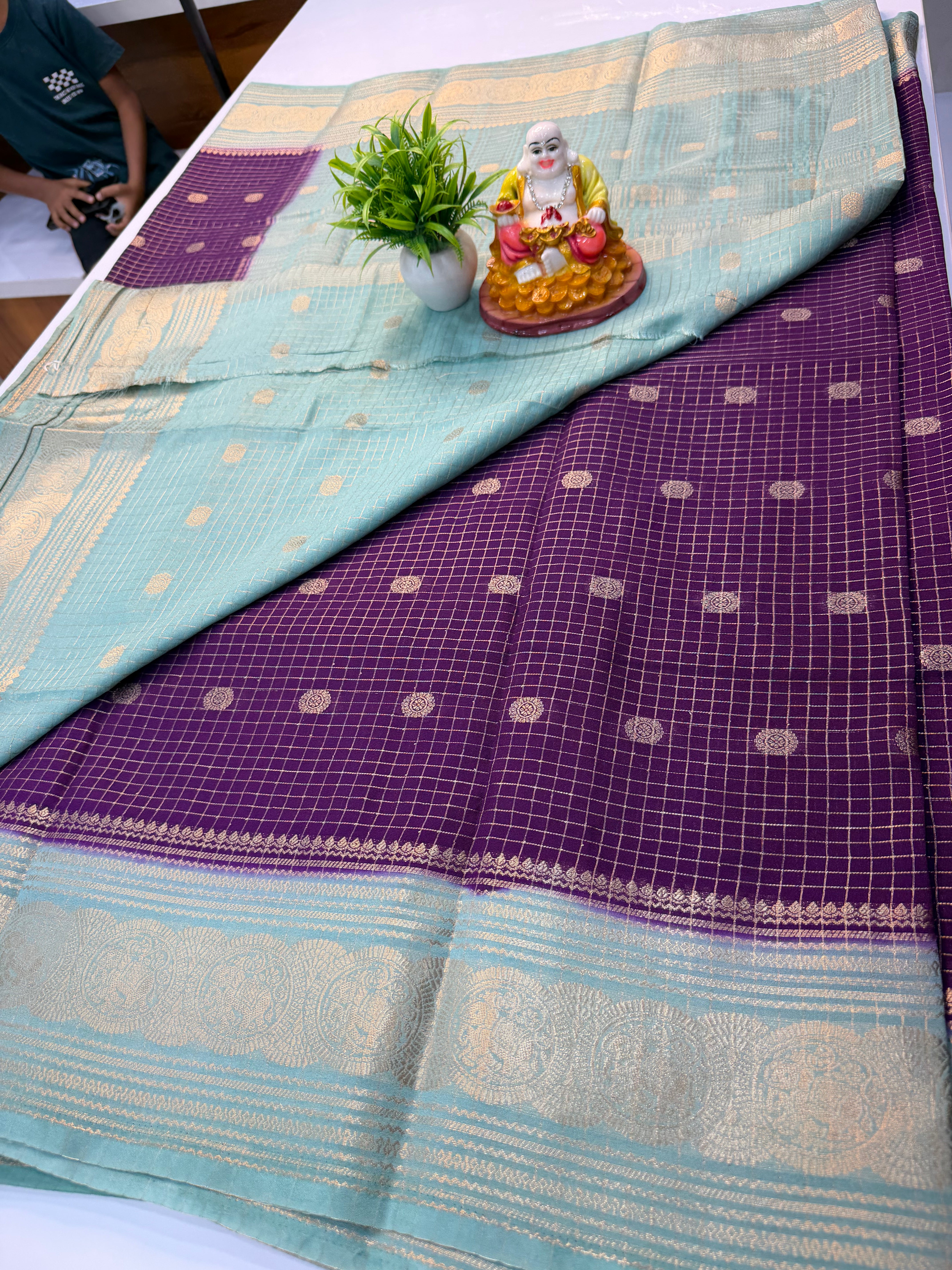 Mysore Crepe Silk Saree with Checks, Buttas &amp; Rich Elephant Border