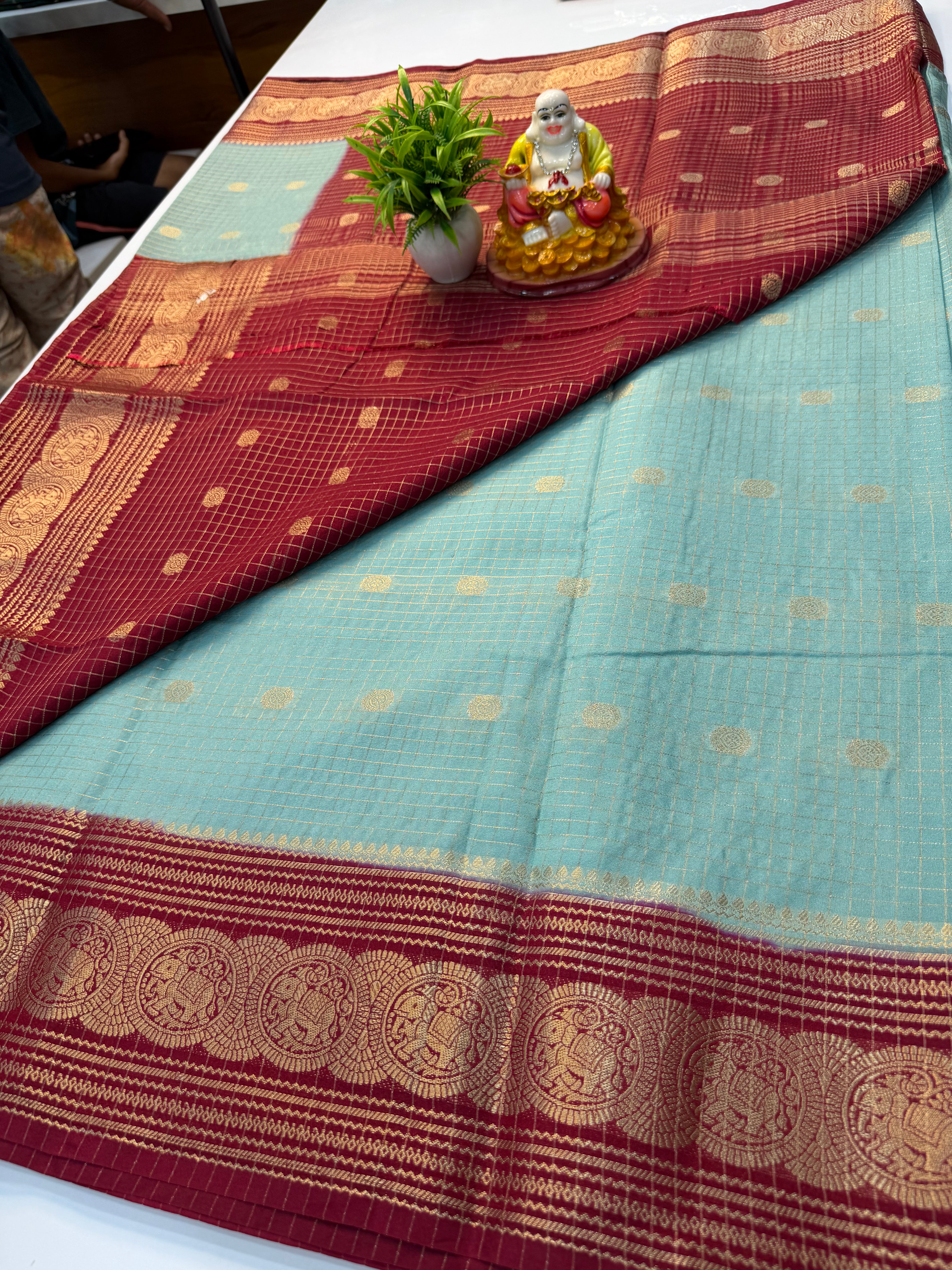 Mysore Crepe Silk Saree with Checks, Buttas &amp; Rich Elephant Border