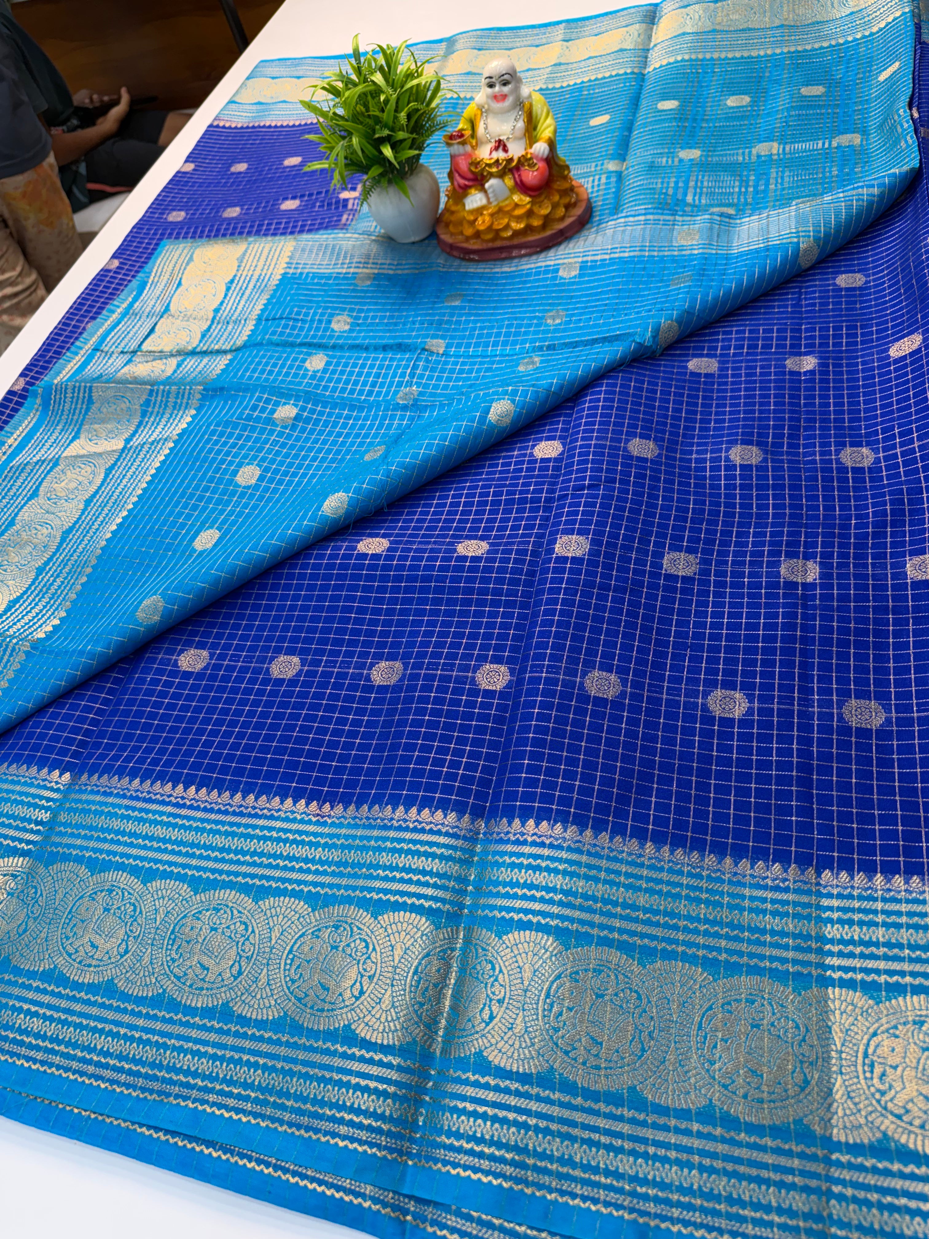 Mysore Crepe Silk Saree with Checks, Buttas &amp; Rich Elephant Border