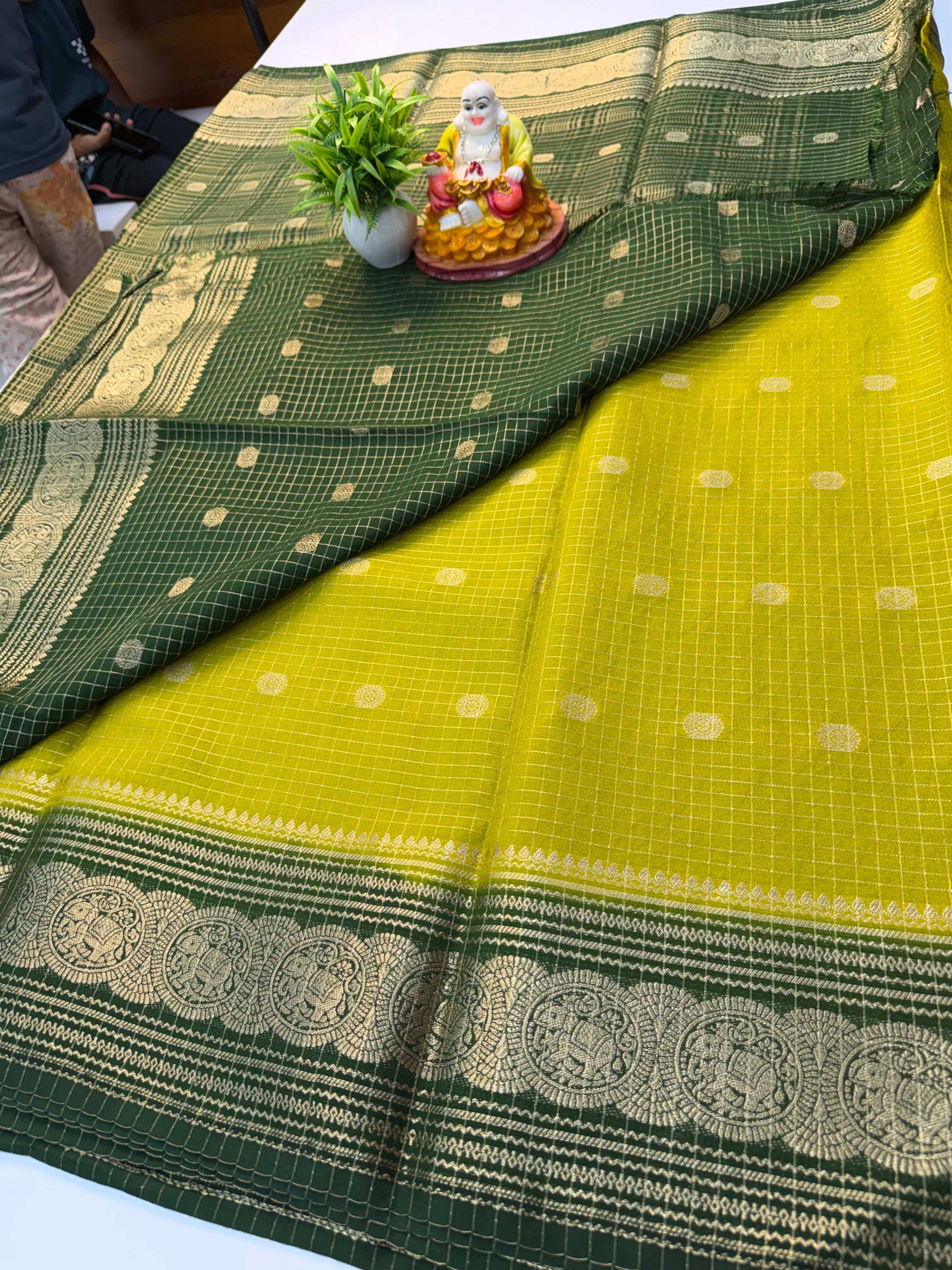 Mysore Crepe Silk Saree with Checks, Buttas &amp; Rich Elephant Border