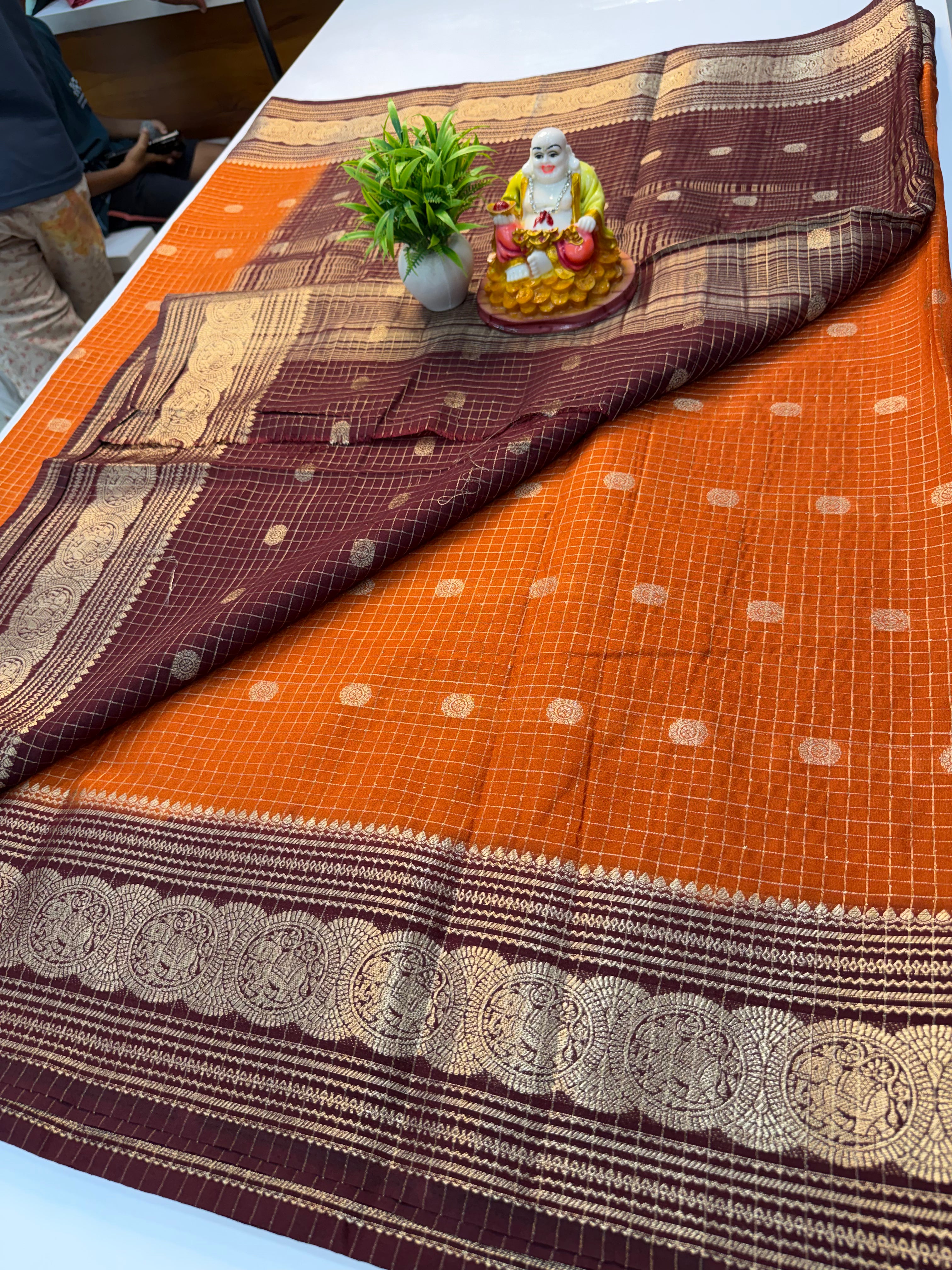 Mysore Crepe Silk Saree with Checks, Buttas &amp; Rich Elephant Border