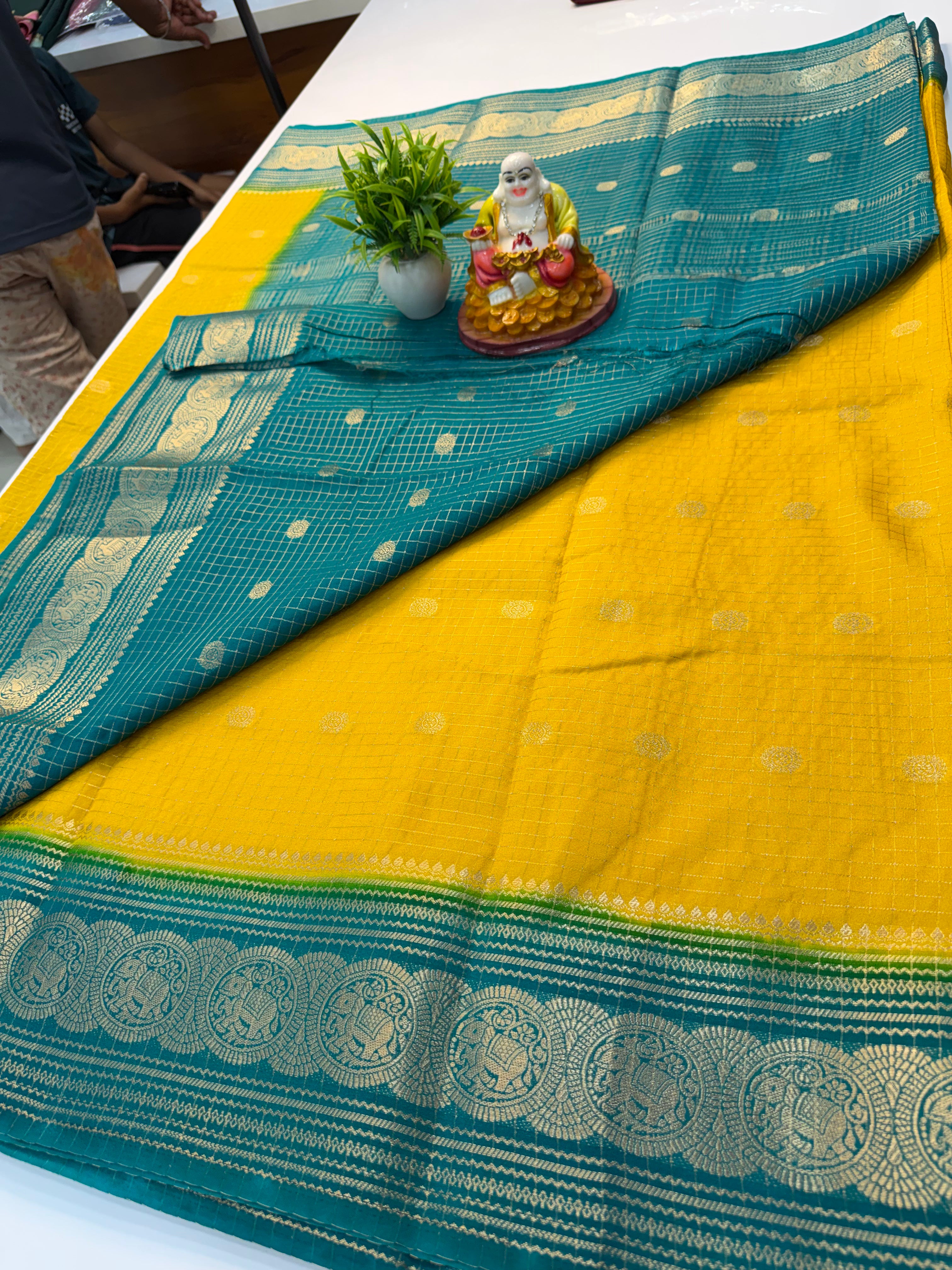 Mysore Crepe Silk Saree with Checks, Buttas &amp; Rich Elephant Border