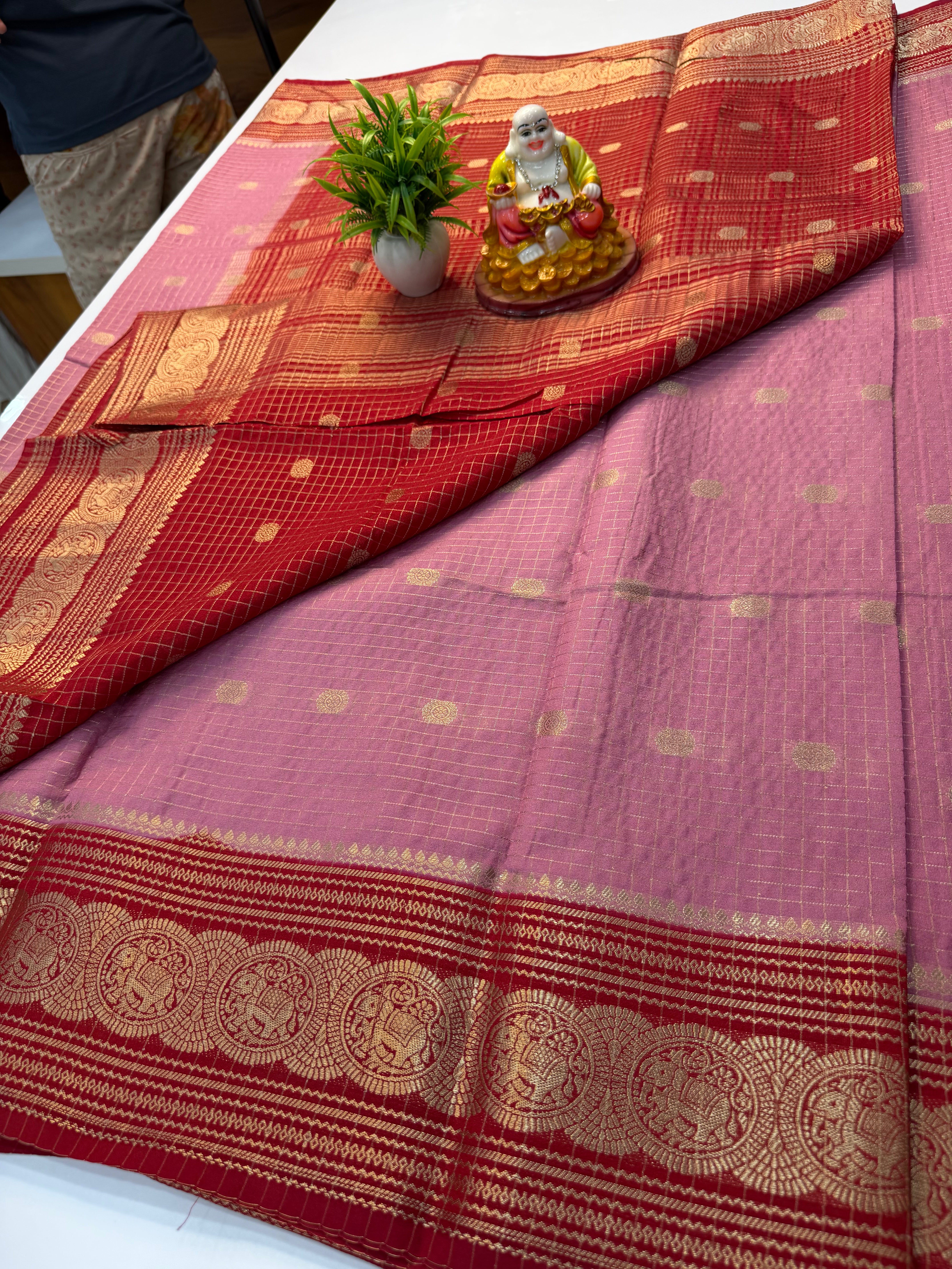 Mysore Crepe Silk Saree with Checks, Buttas &amp; Rich Elephant Border