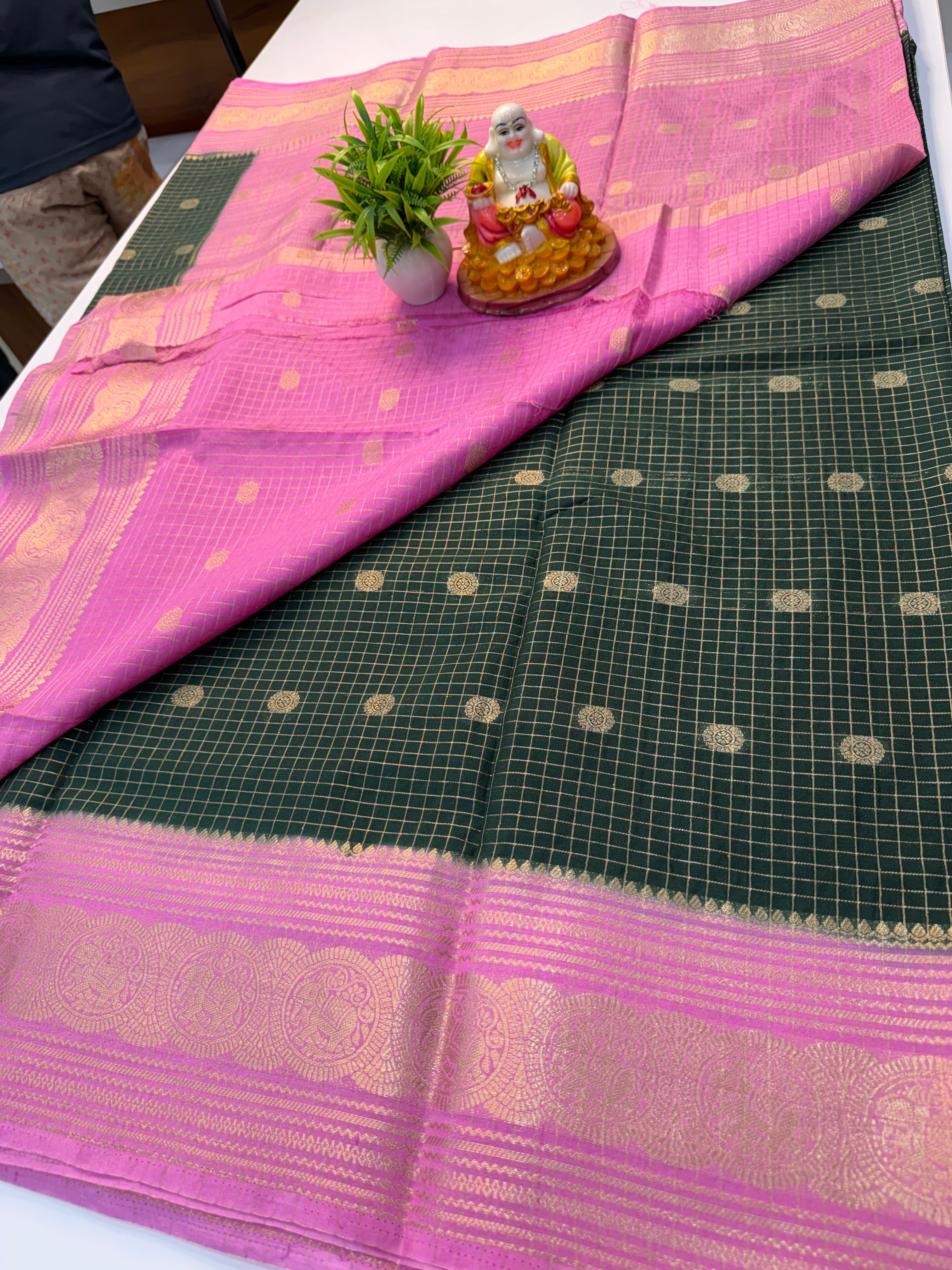 Mysore Crepe Silk Saree with Checks, Buttas &amp; Rich Elephant Border