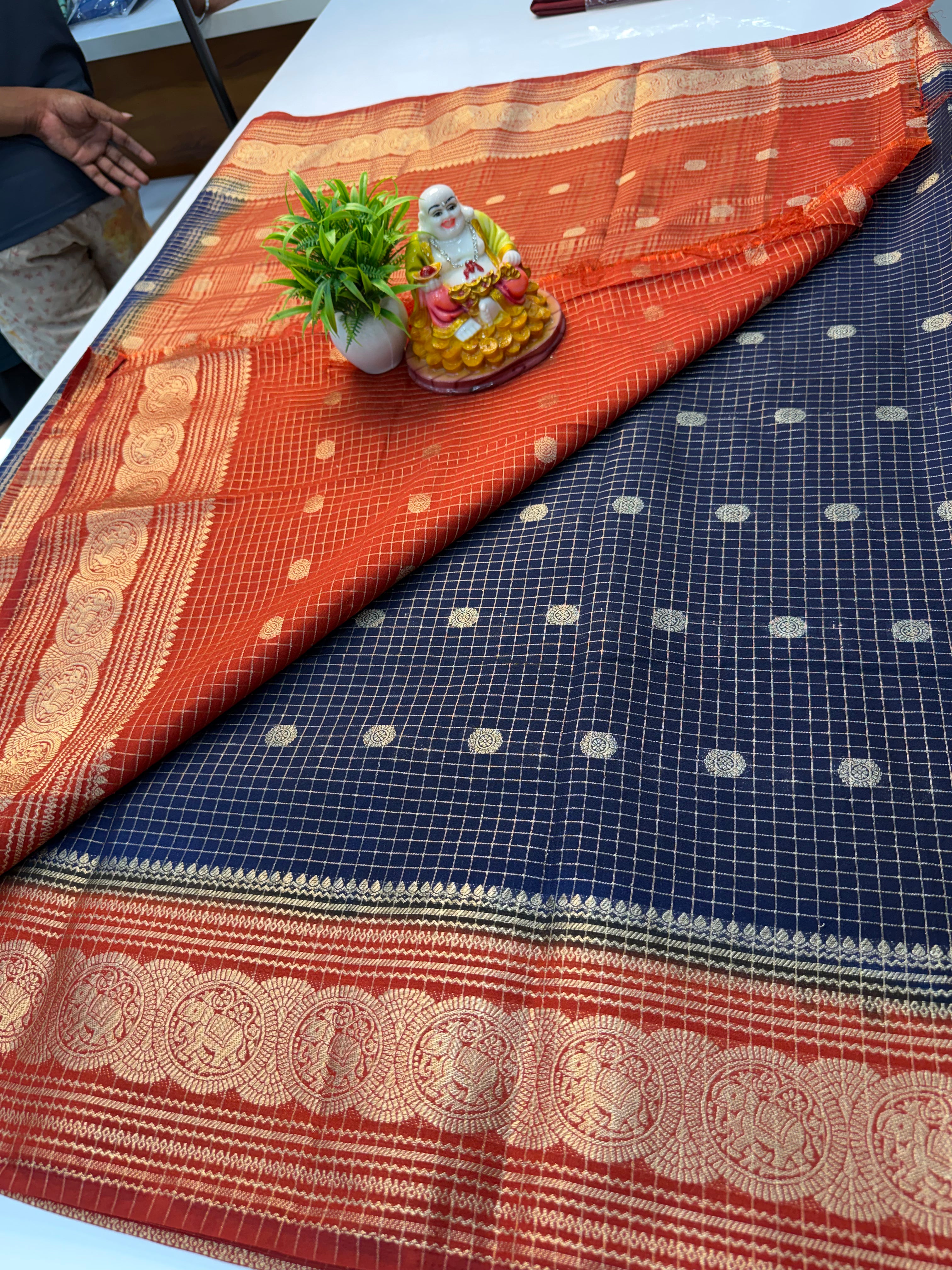 Mysore Crepe Silk Saree with Checks, Buttas &amp; Rich Elephant Border