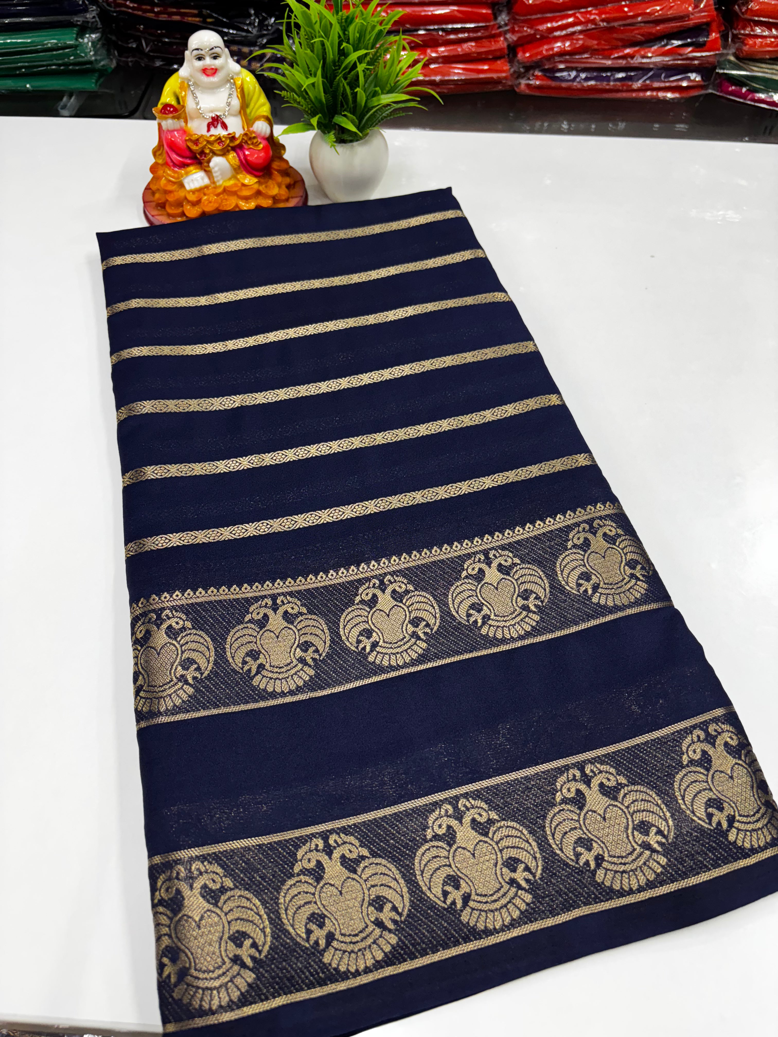 Mysore Crepe Silk Saree with Beautiful Ganda Berunda Design