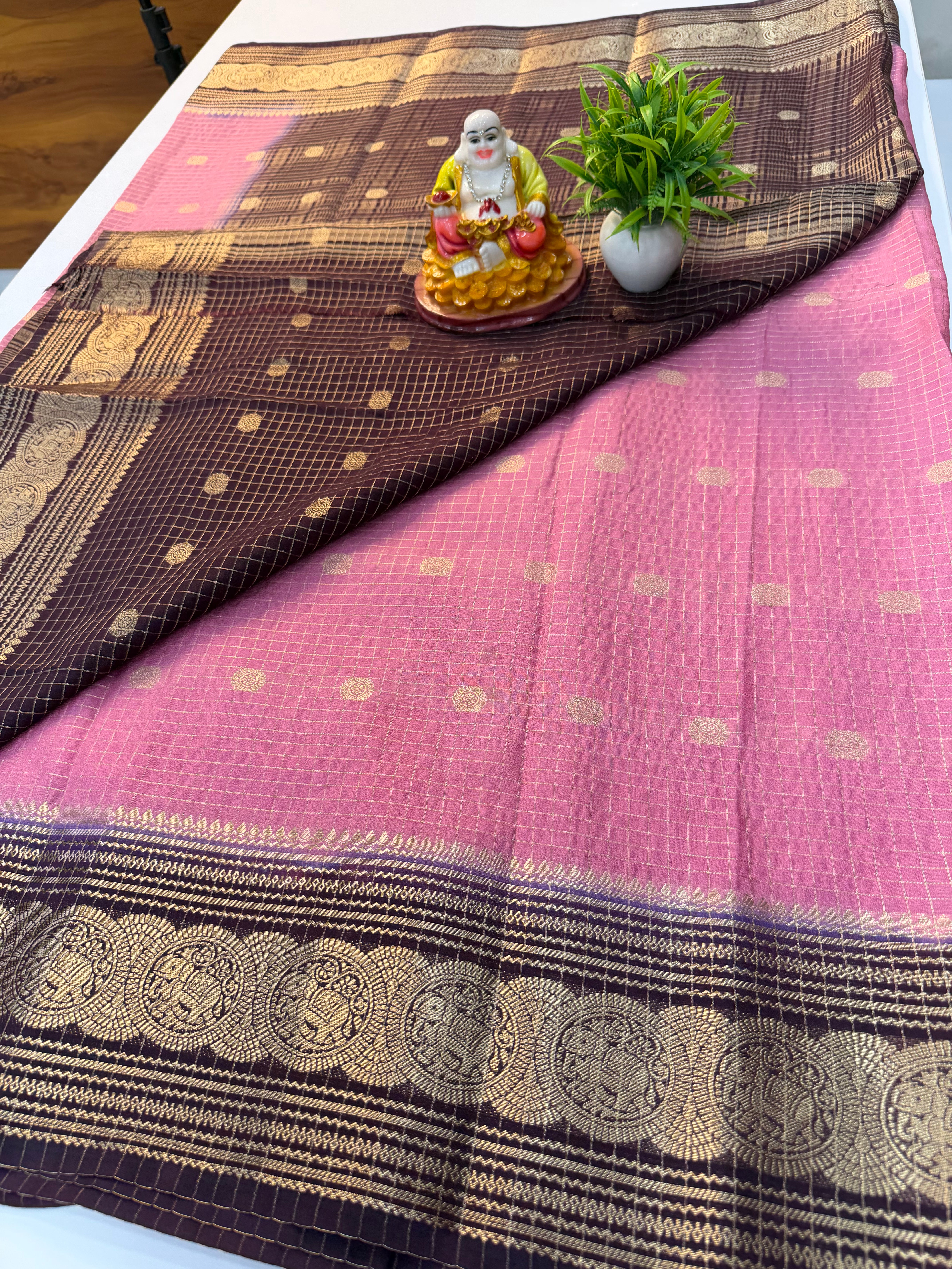 Mysore Crepe Silk Saree with Checks, Buttas &amp; Rich Elephant Border