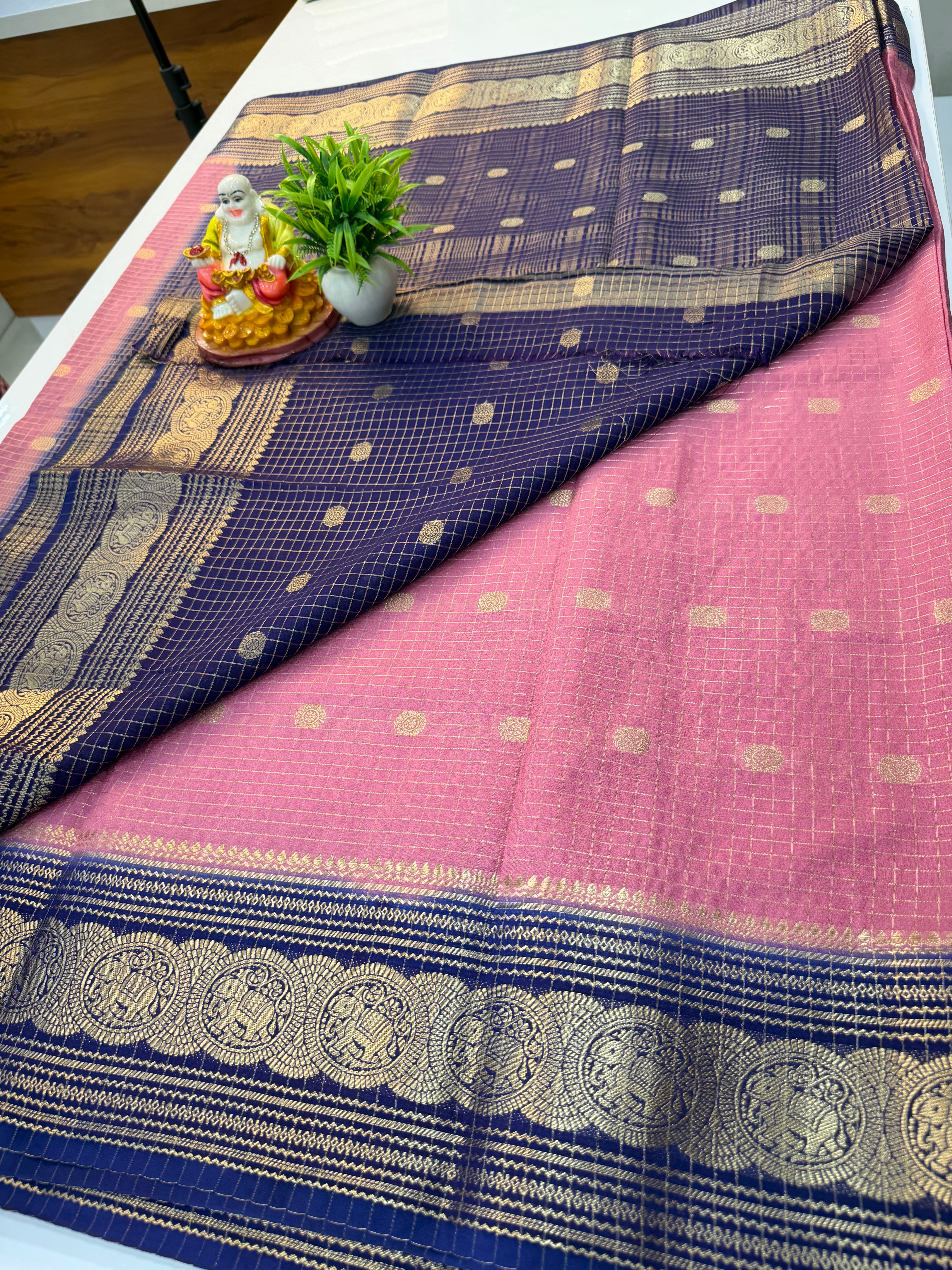 Mysore Crepe Silk Saree with Checks, Buttas &amp; Rich Elephant Border