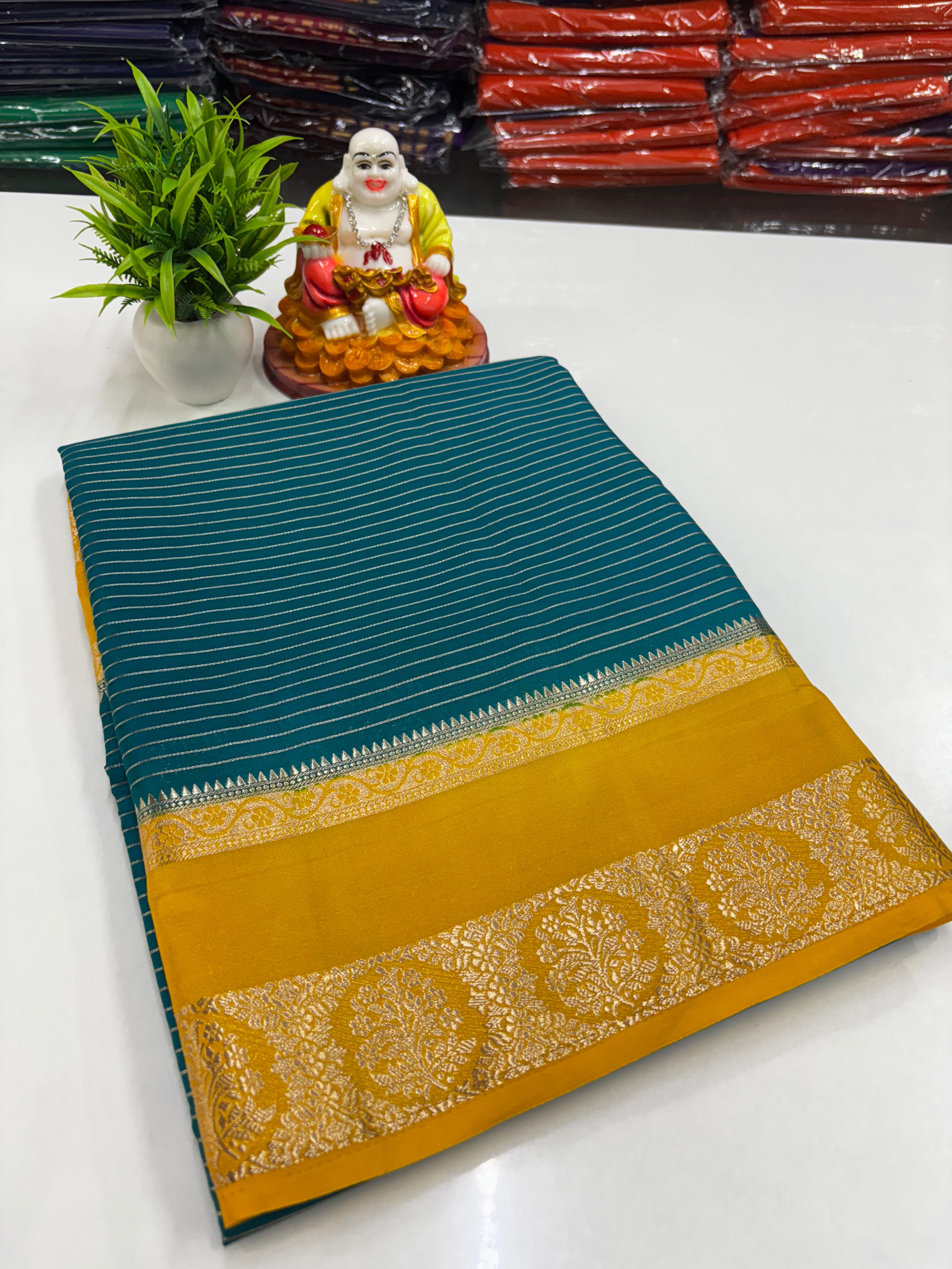 Mysore Crepe Silk Saree with Stripes, Rich Pallu & Contrast Blouse