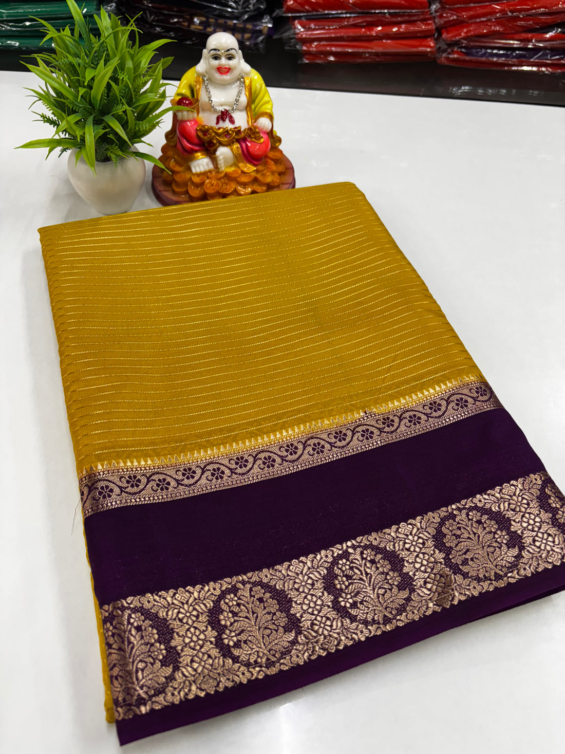 Mysore Crepe Silk Saree with Stripes, Rich Pallu & Contrast Blouse