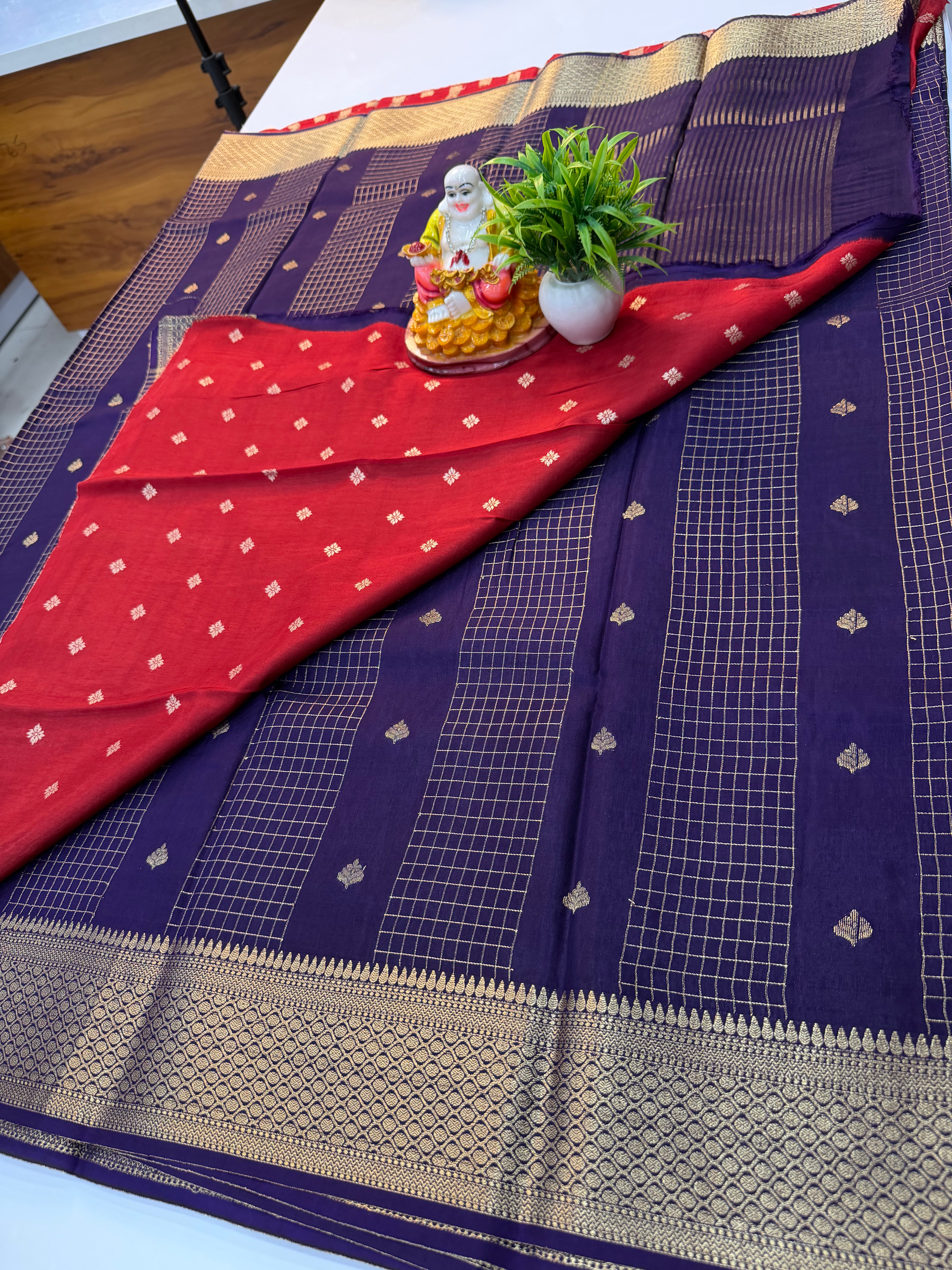 Premium Viscose Saree with Checks, Buttas & Contrast Butta Blouse