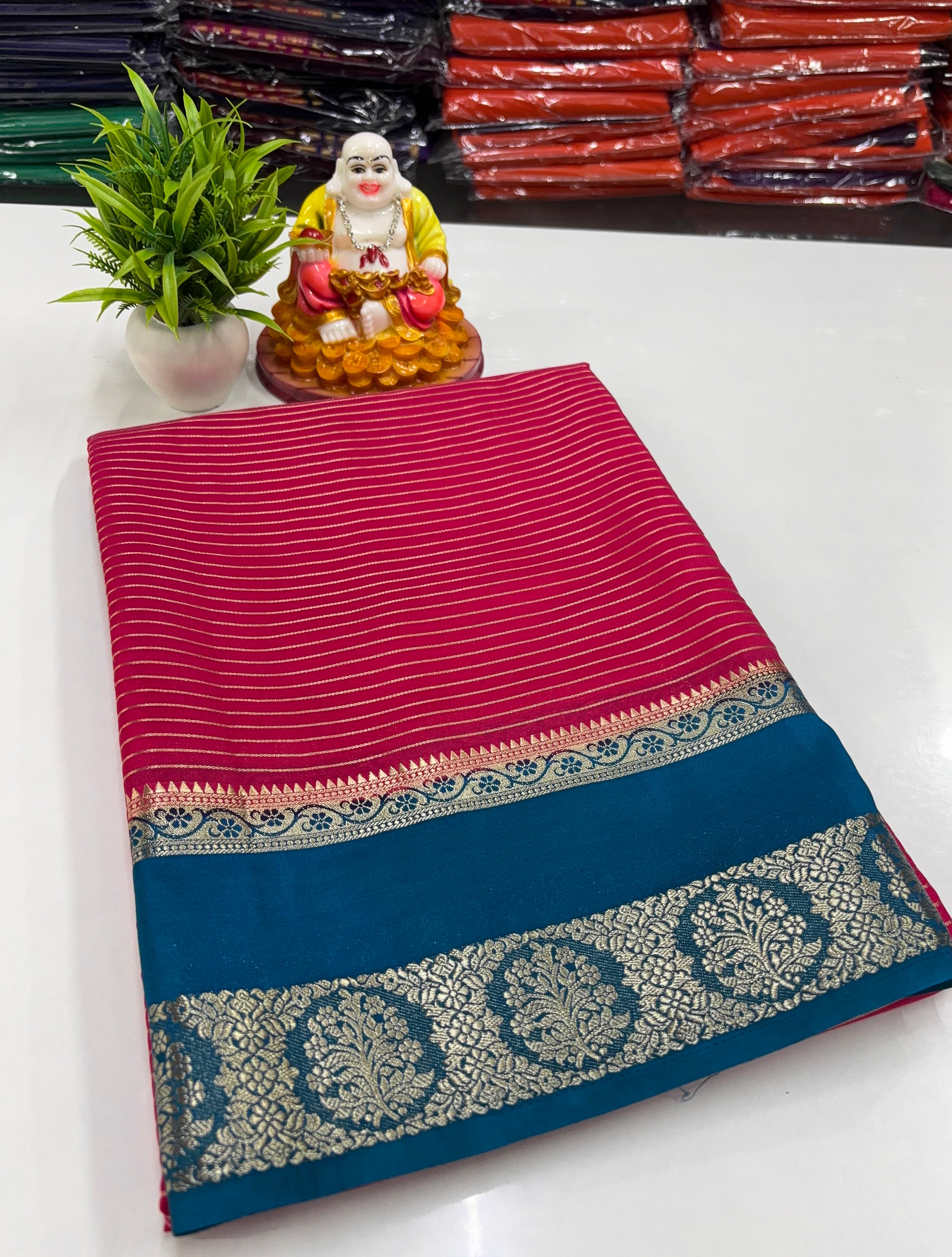 Mysore Crepe Silk Saree with Stripes, Rich Pallu & Contrast Blouse