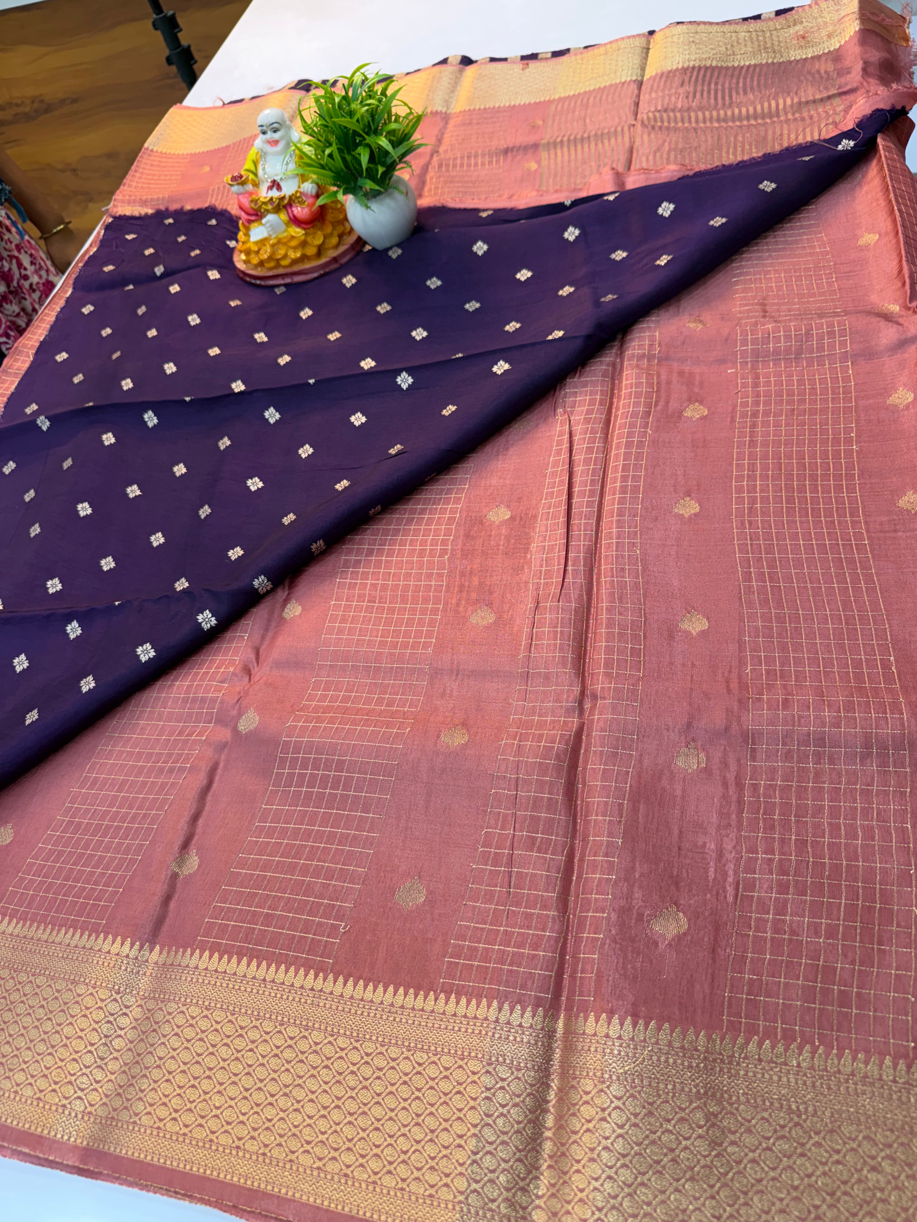Premium Viscose Saree with Checks, Buttas & Contrast Butta Blouse