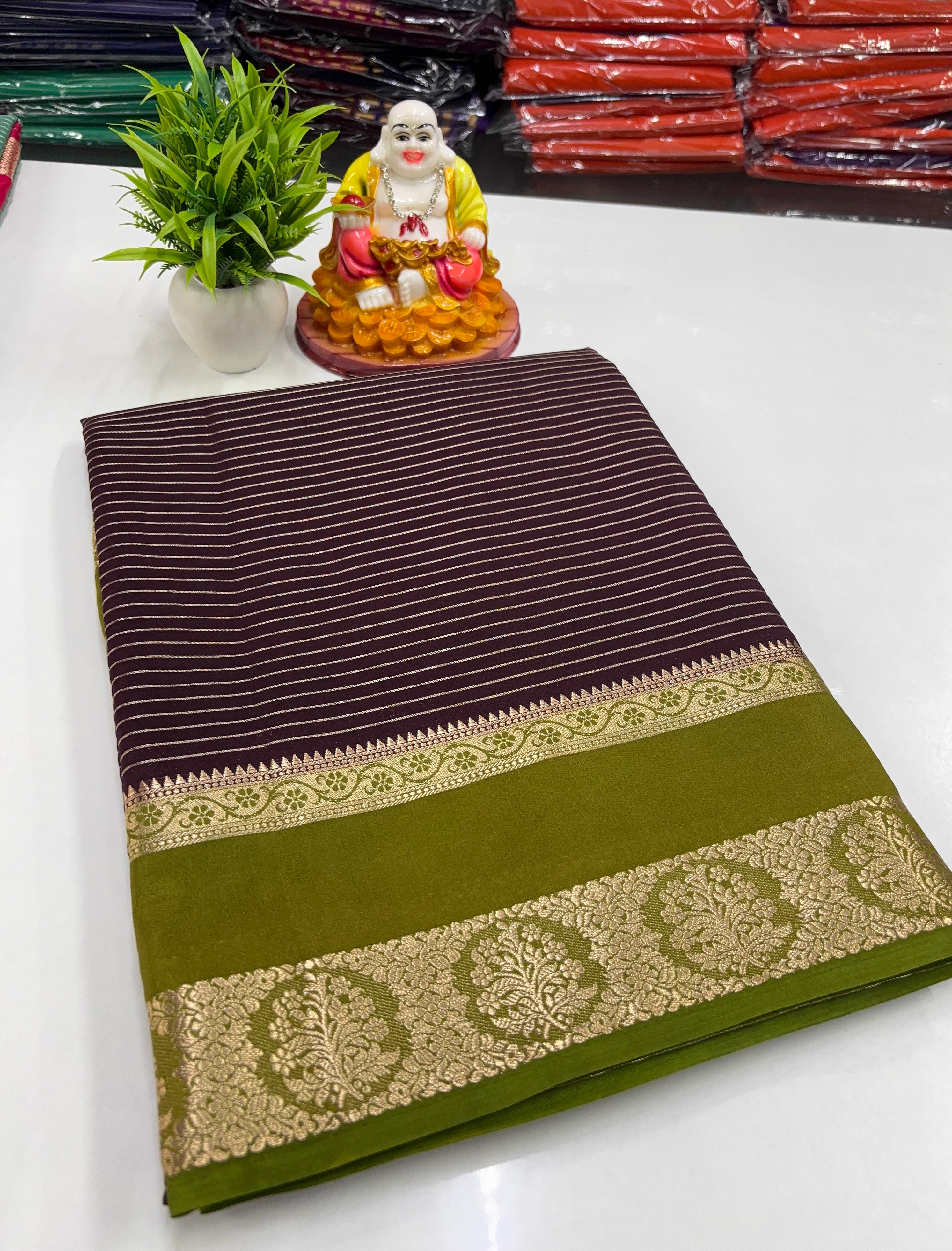 Mysore Crepe Silk Saree with Stripes, Rich Pallu & Contrast Blouse
