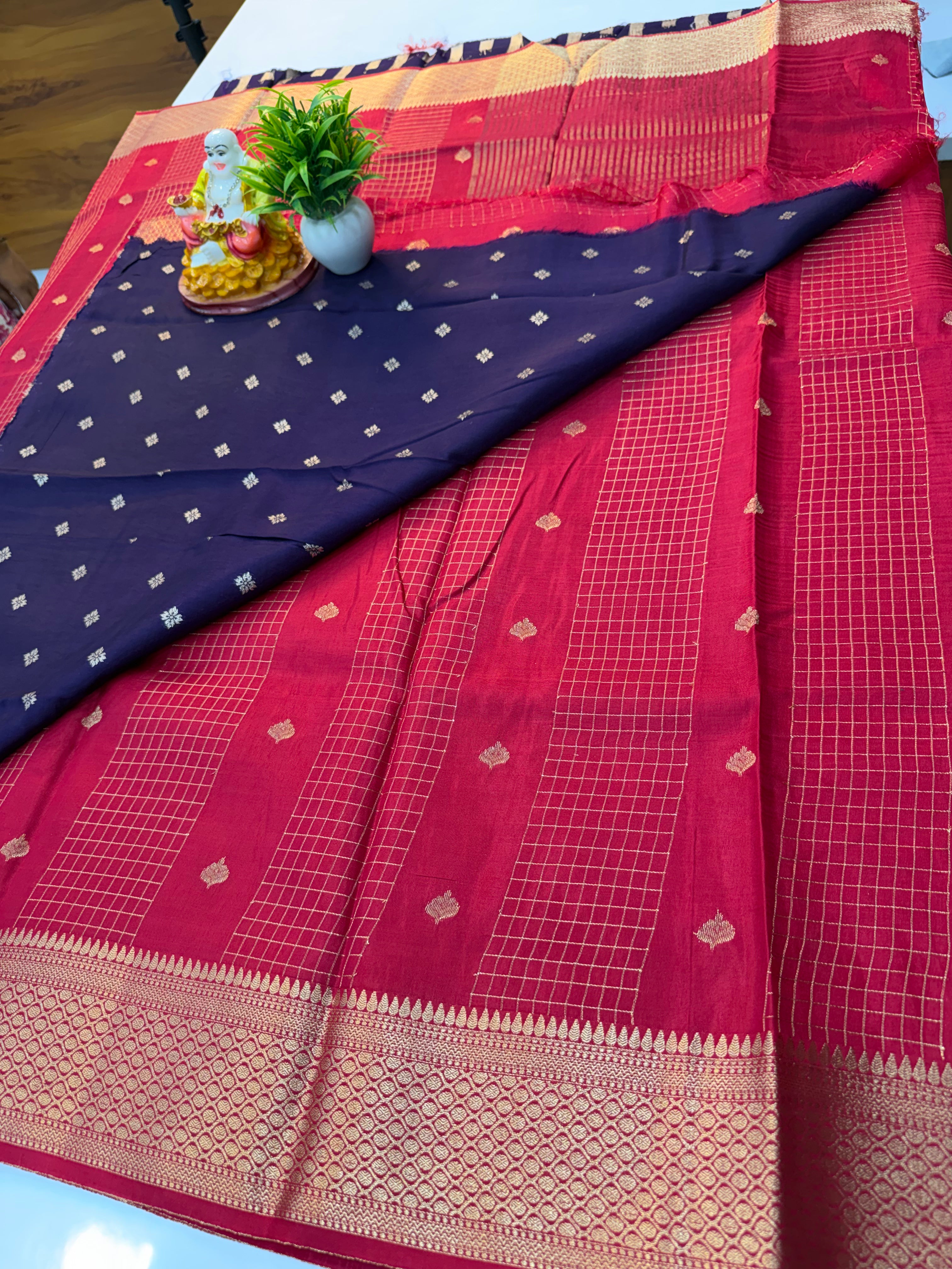 Premium Viscose Saree with Checks, Buttas & Contrast Butta Blouse