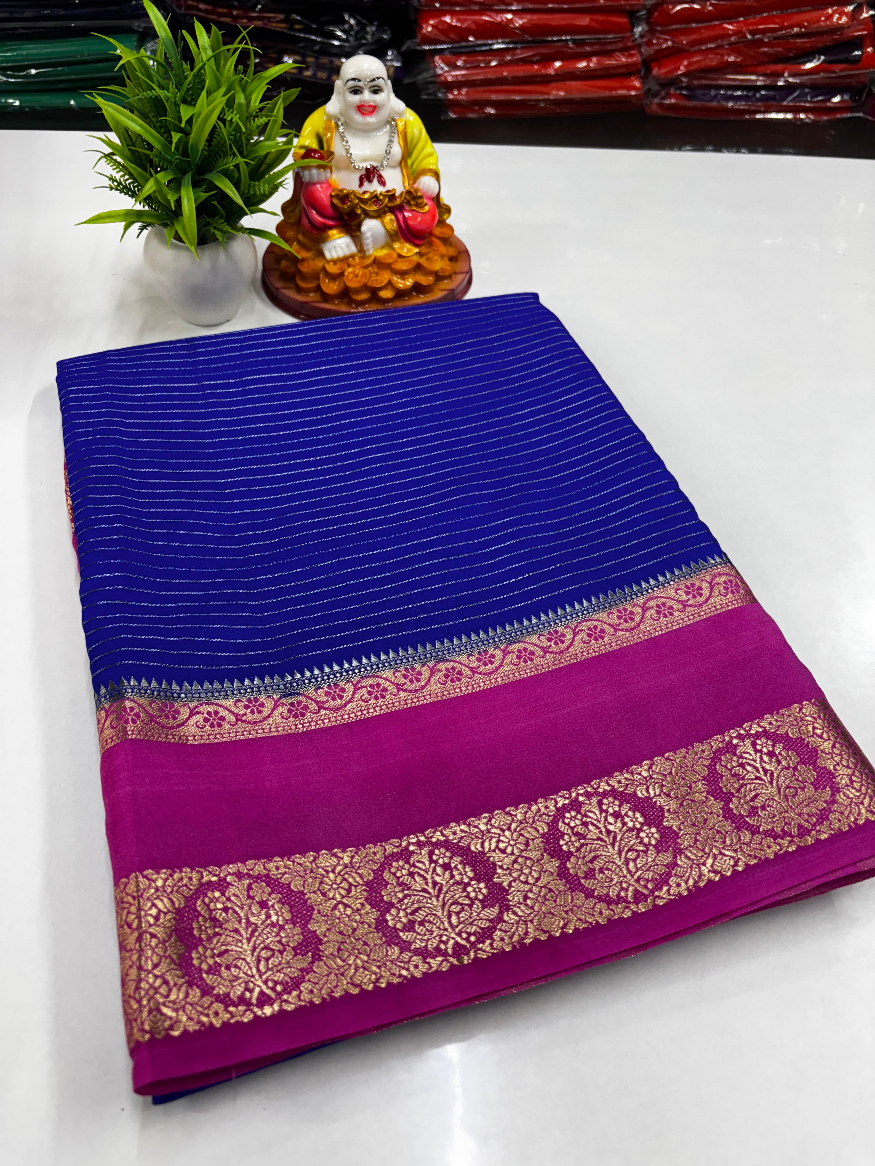 Mysore Crepe Silk Saree with Stripes, Rich Pallu & Contrast Blouse