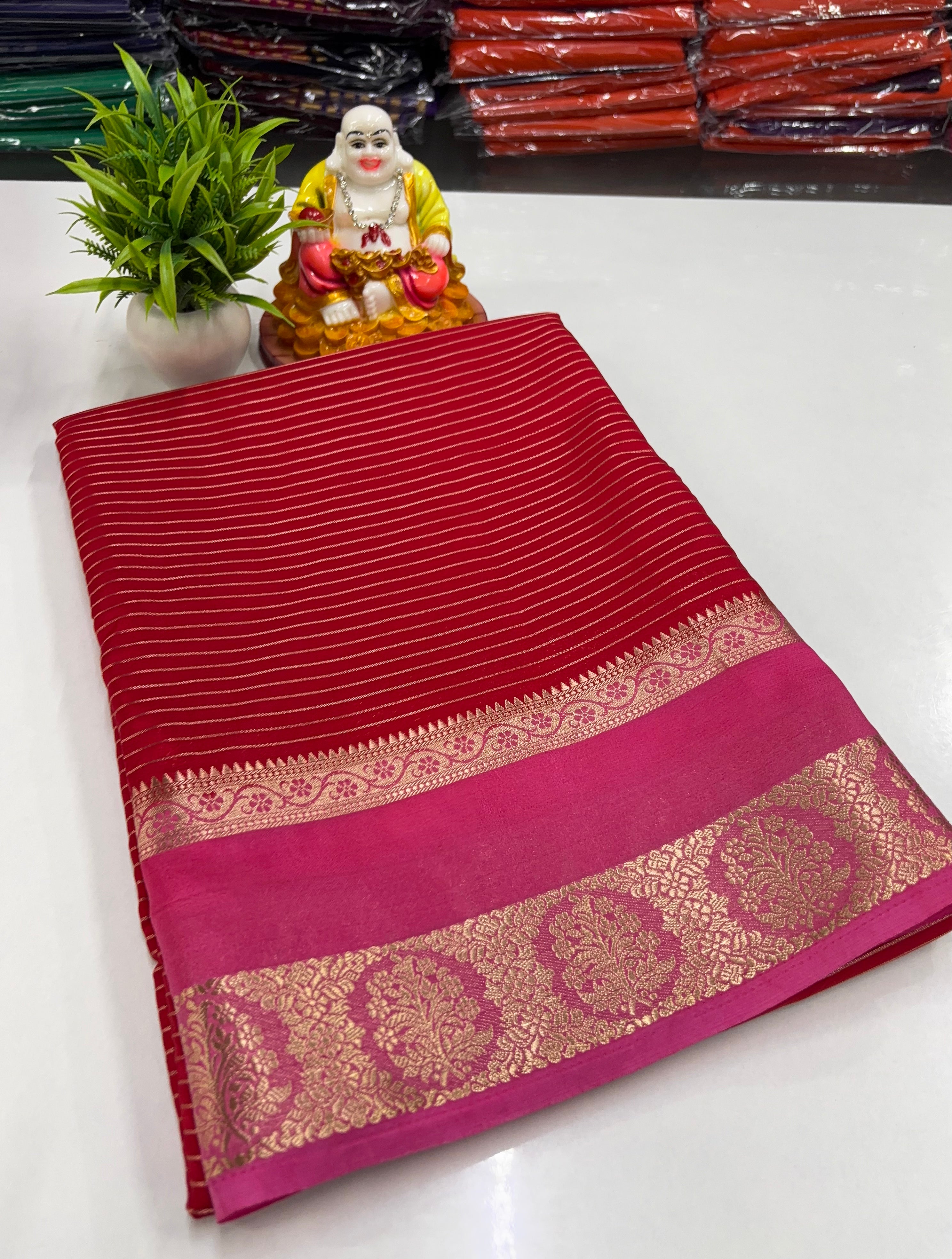 Mysore Crepe Silk Saree with Stripes, Rich Pallu & Contrast Blouse