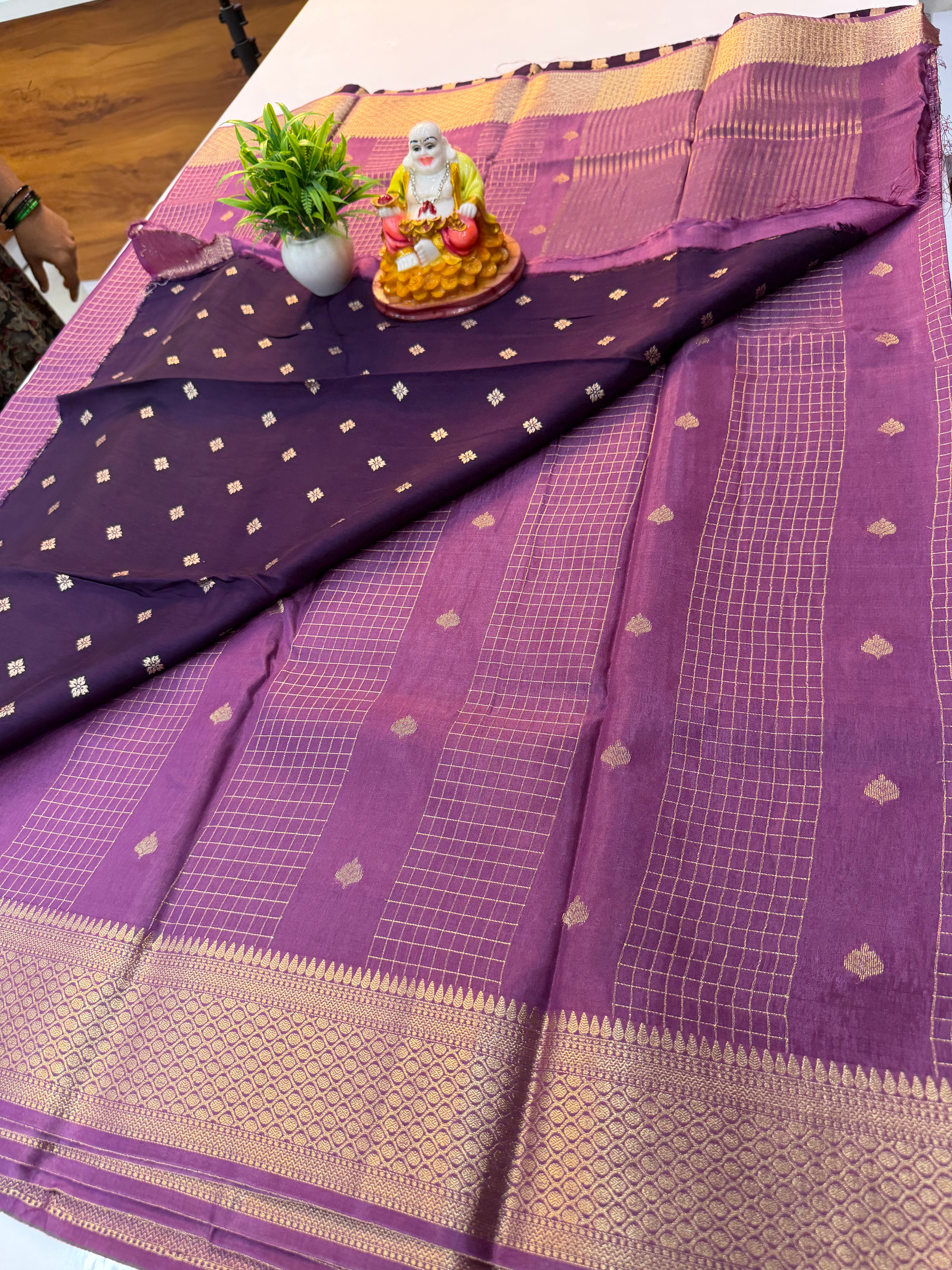 Premium Viscose Saree with Checks, Buttas & Contrast Butta Blouse