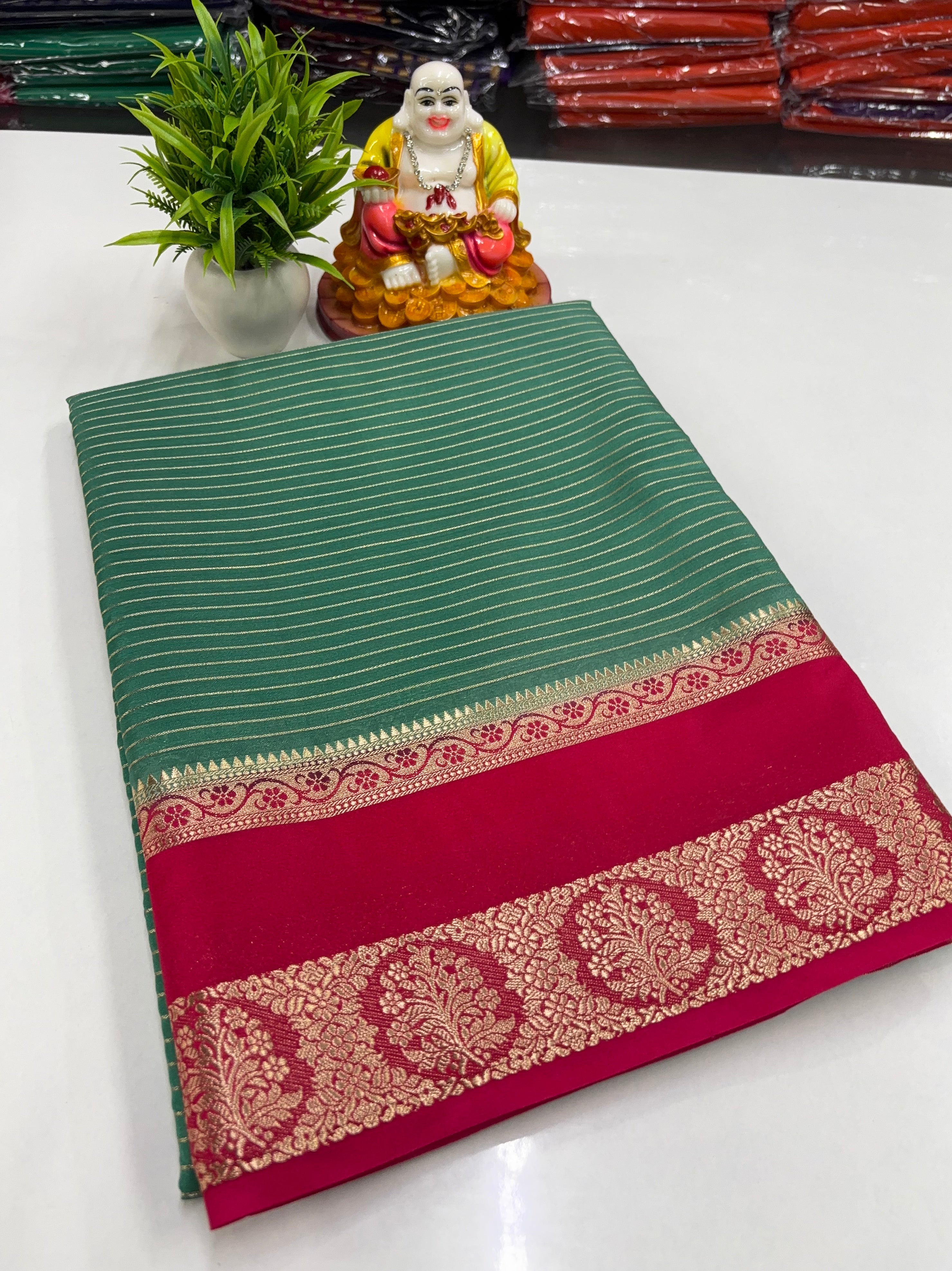 Mysore Crepe Silk Saree with Stripes, Rich Pallu & Contrast Blouse