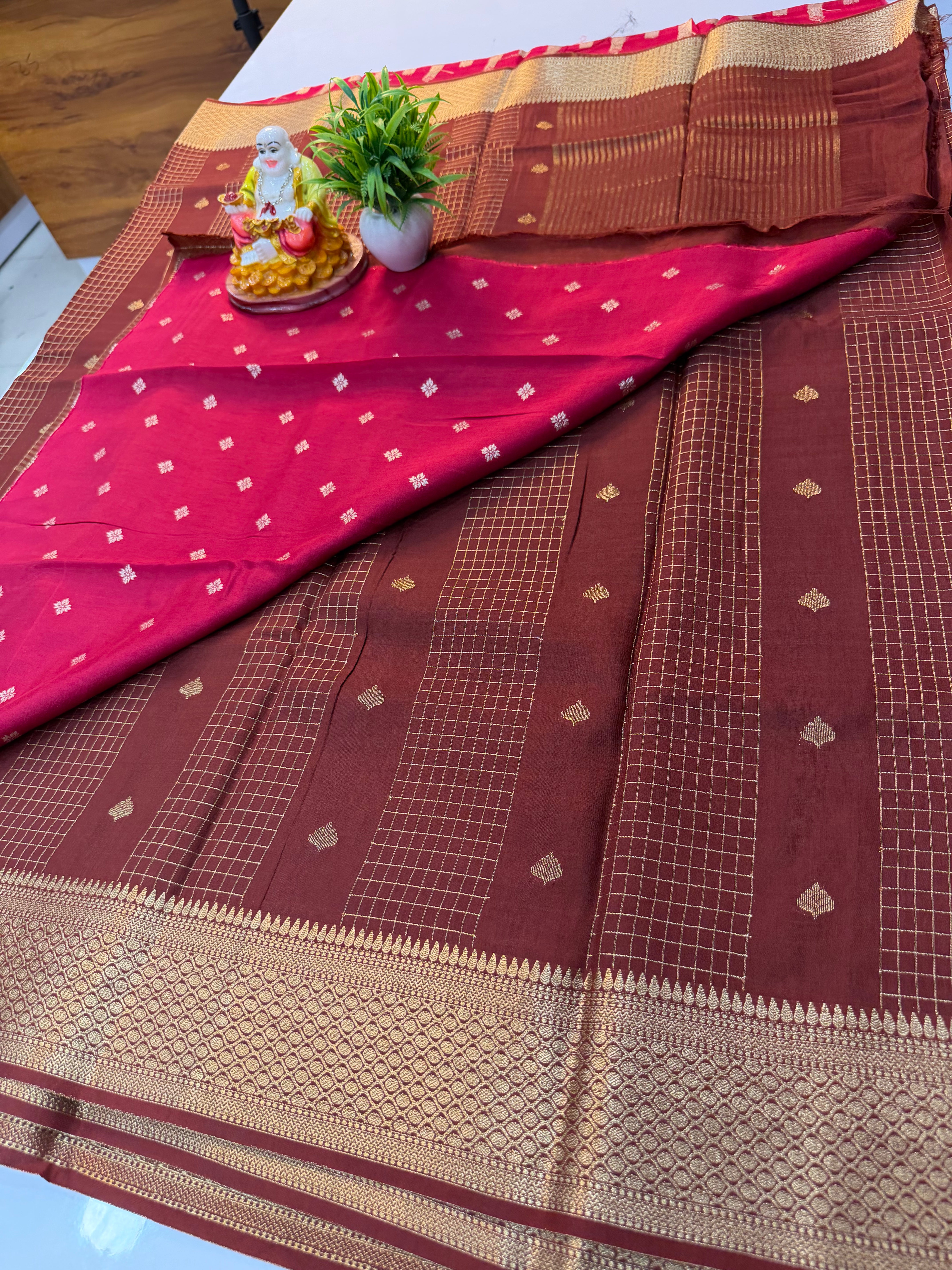 Premium Viscose Saree with Checks, Buttas & Contrast Butta Blouse