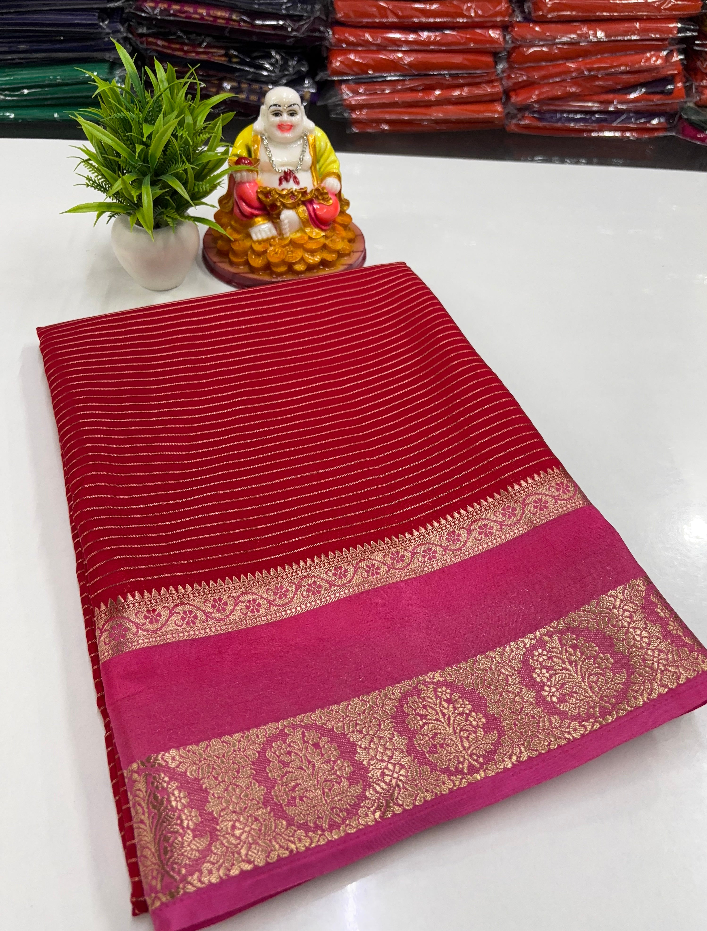 Mysore Crepe Silk Saree with Stripes, Rich Pallu & Contrast Blouse
