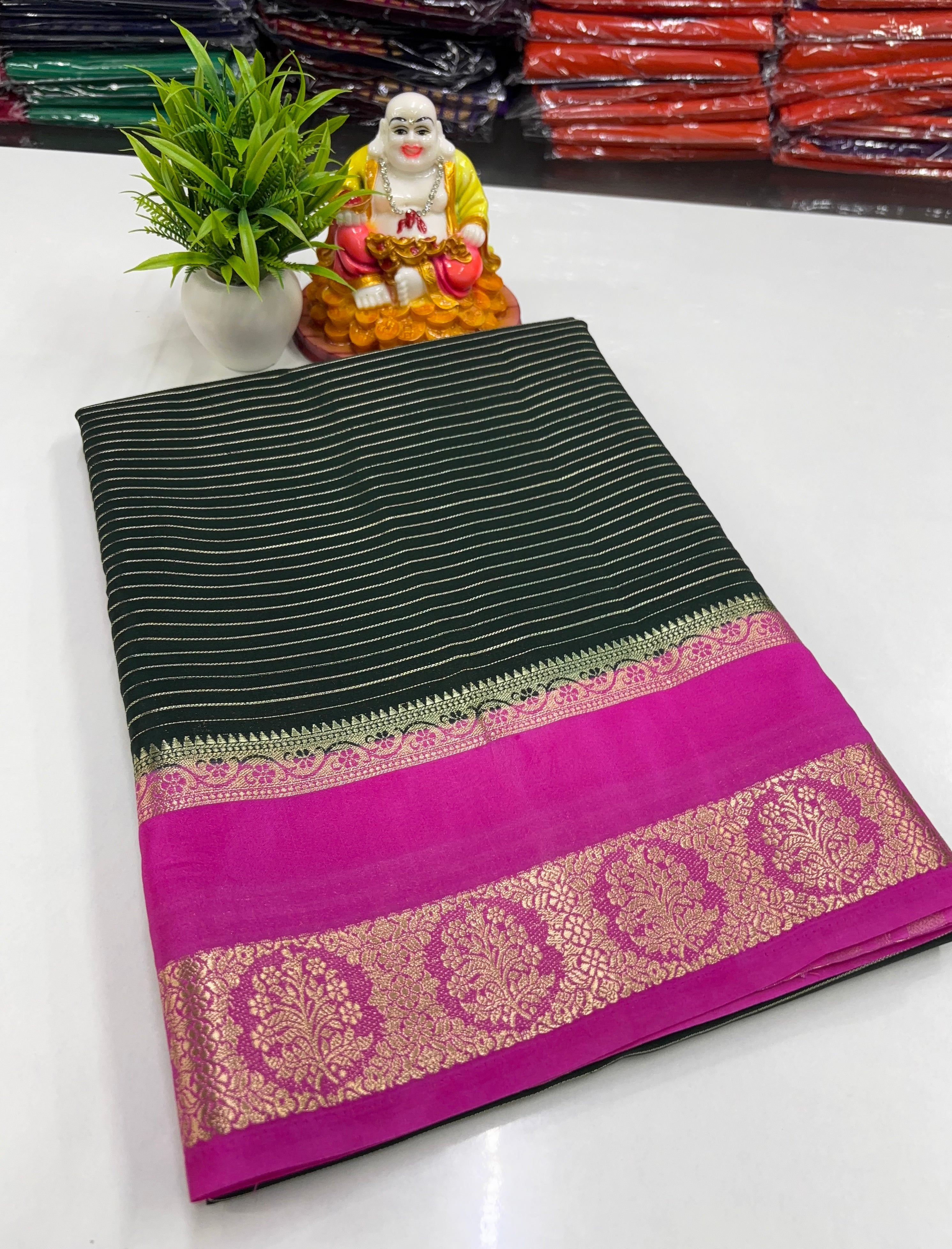 Mysore Crepe Silk Saree with Stripes, Rich Pallu & Contrast Blouse