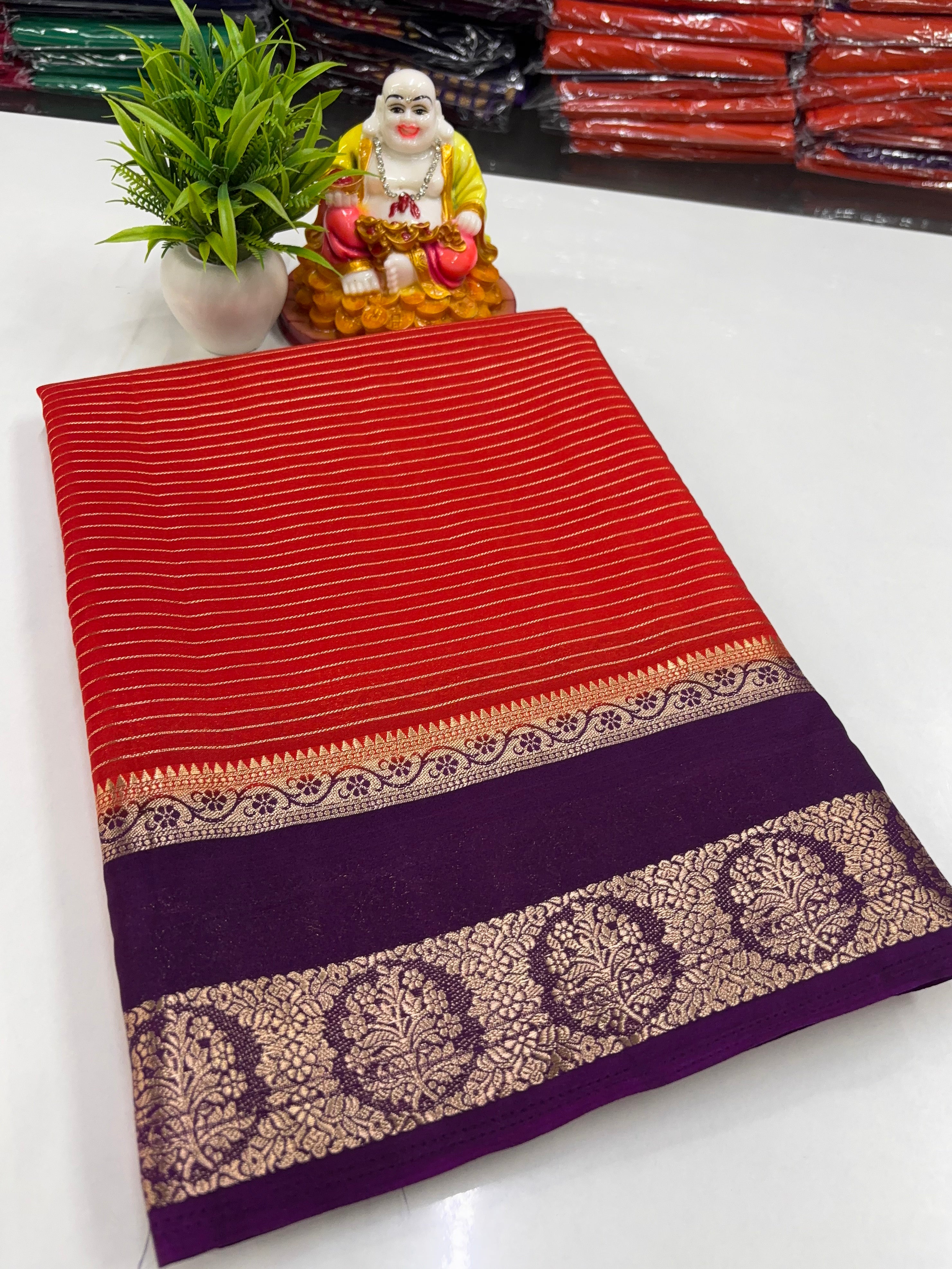 Mysore Crepe Silk Saree with Stripes, Rich Pallu & Contrast Blouse