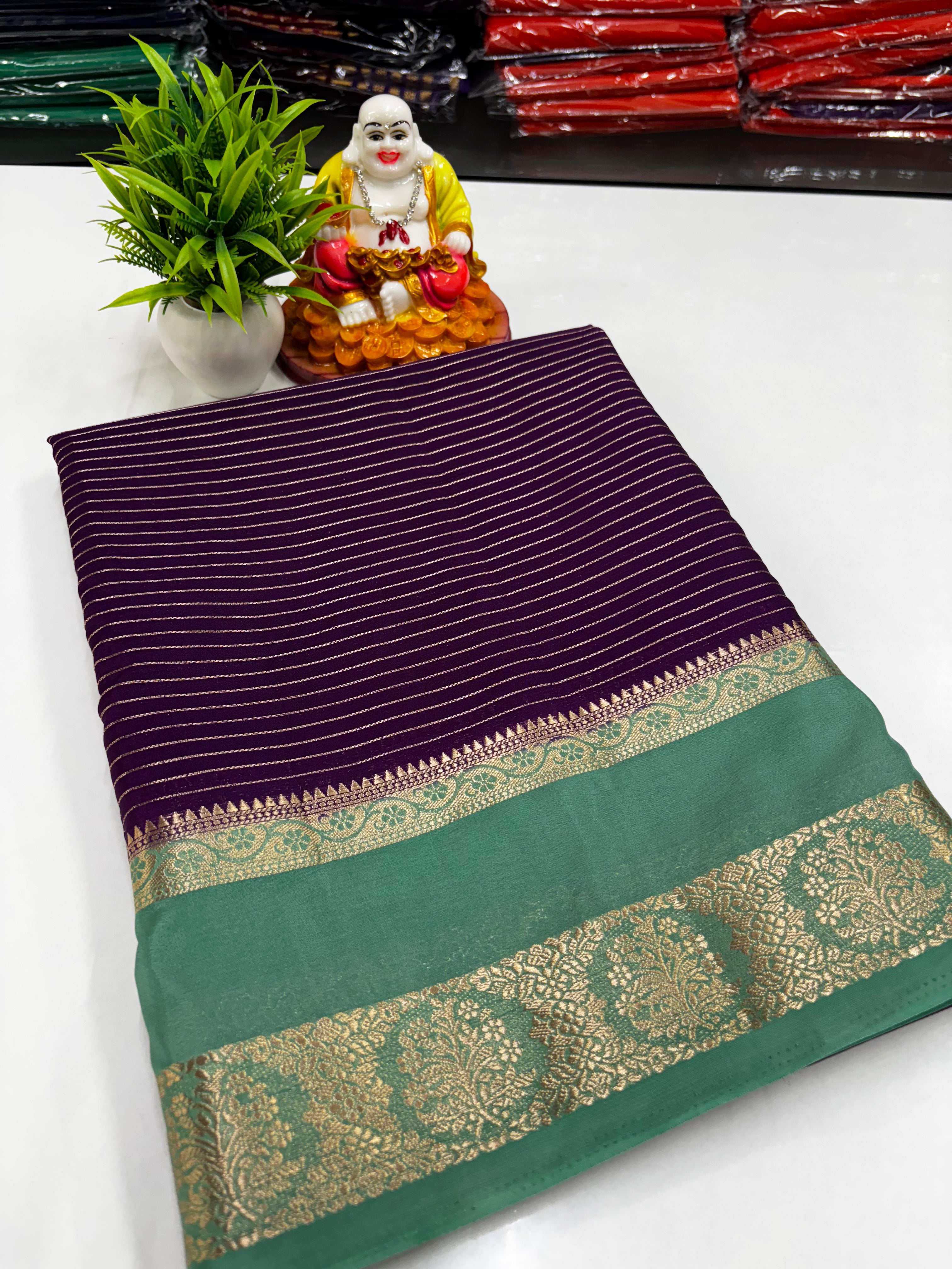 Mysore Crepe Silk Saree with Stripes, Rich Pallu & Contrast Blouse
