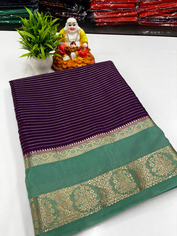Mysore Crepe Silk Saree with Stripes, Rich Pallu & Contrast Blouse