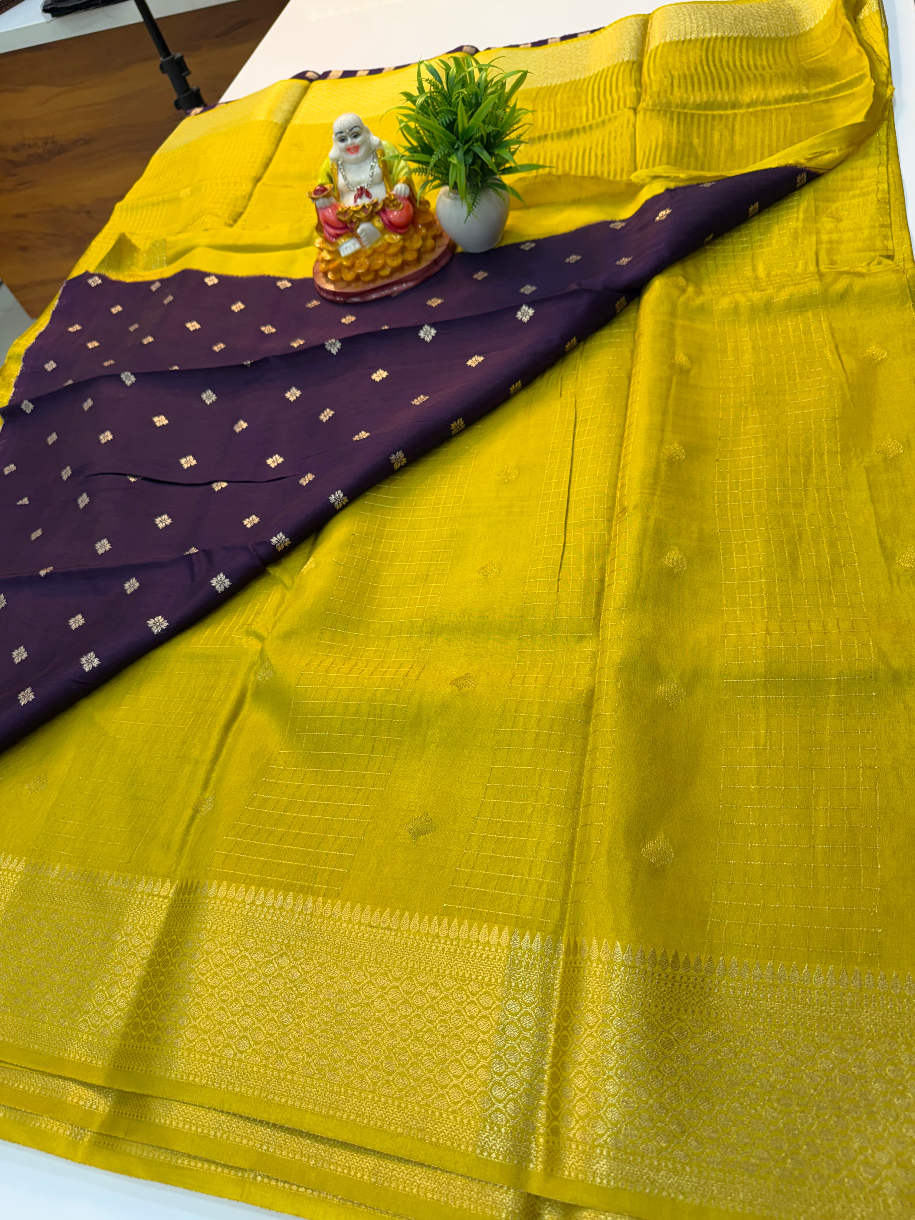 Premium Viscose Saree with Checks, Buttas & Contrast Butta Blouse