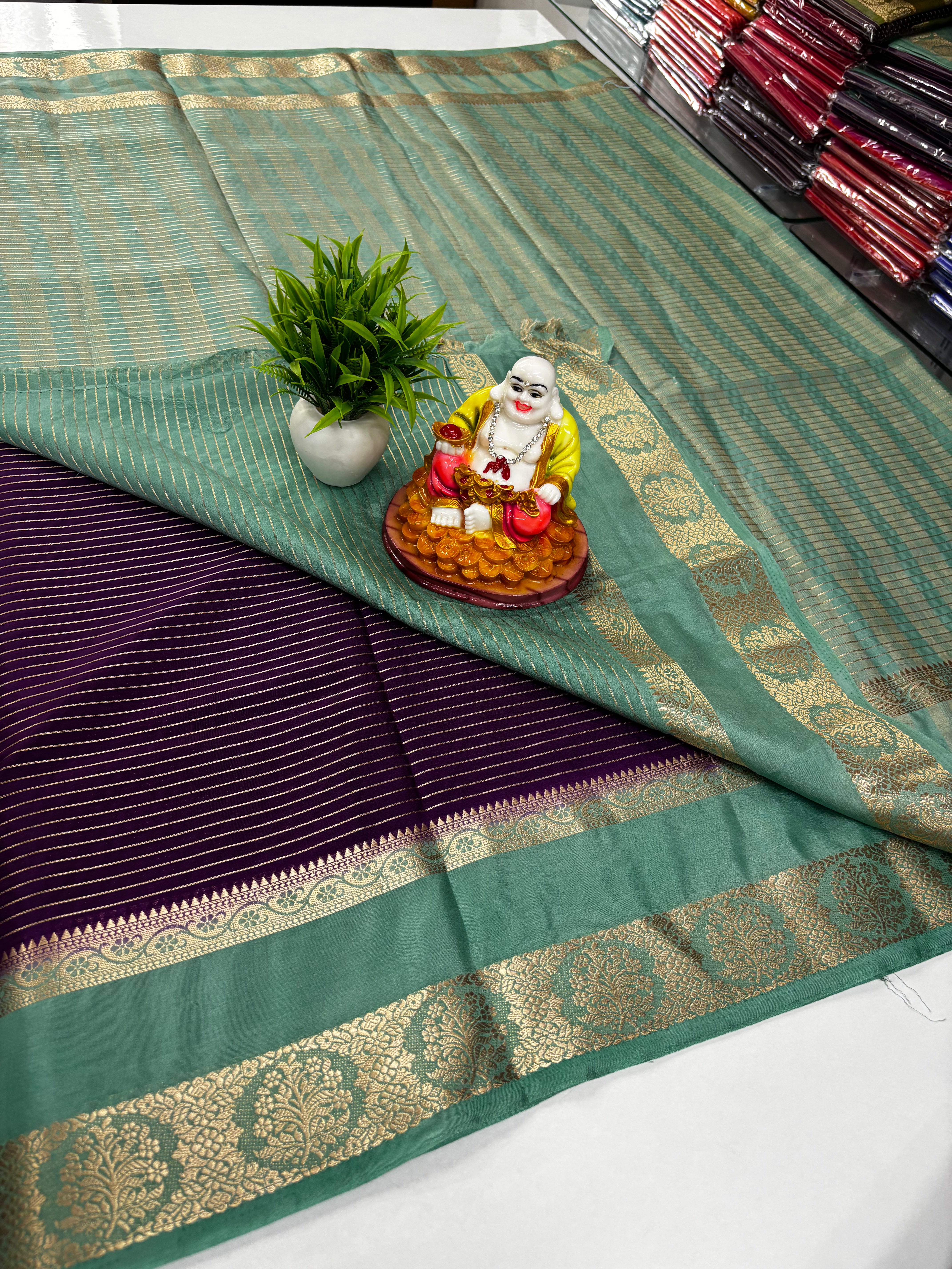 Mysore Crepe Silk Saree with Stripes, Rich Pallu & Contrast Blouse