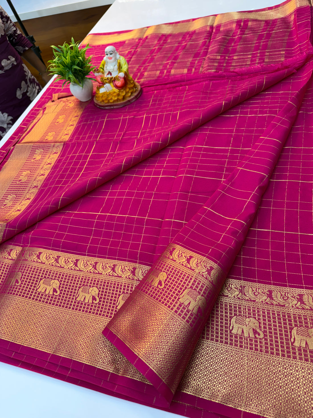 Mysore Crepe Silk Saree with Elephant Border & Checks Pattern