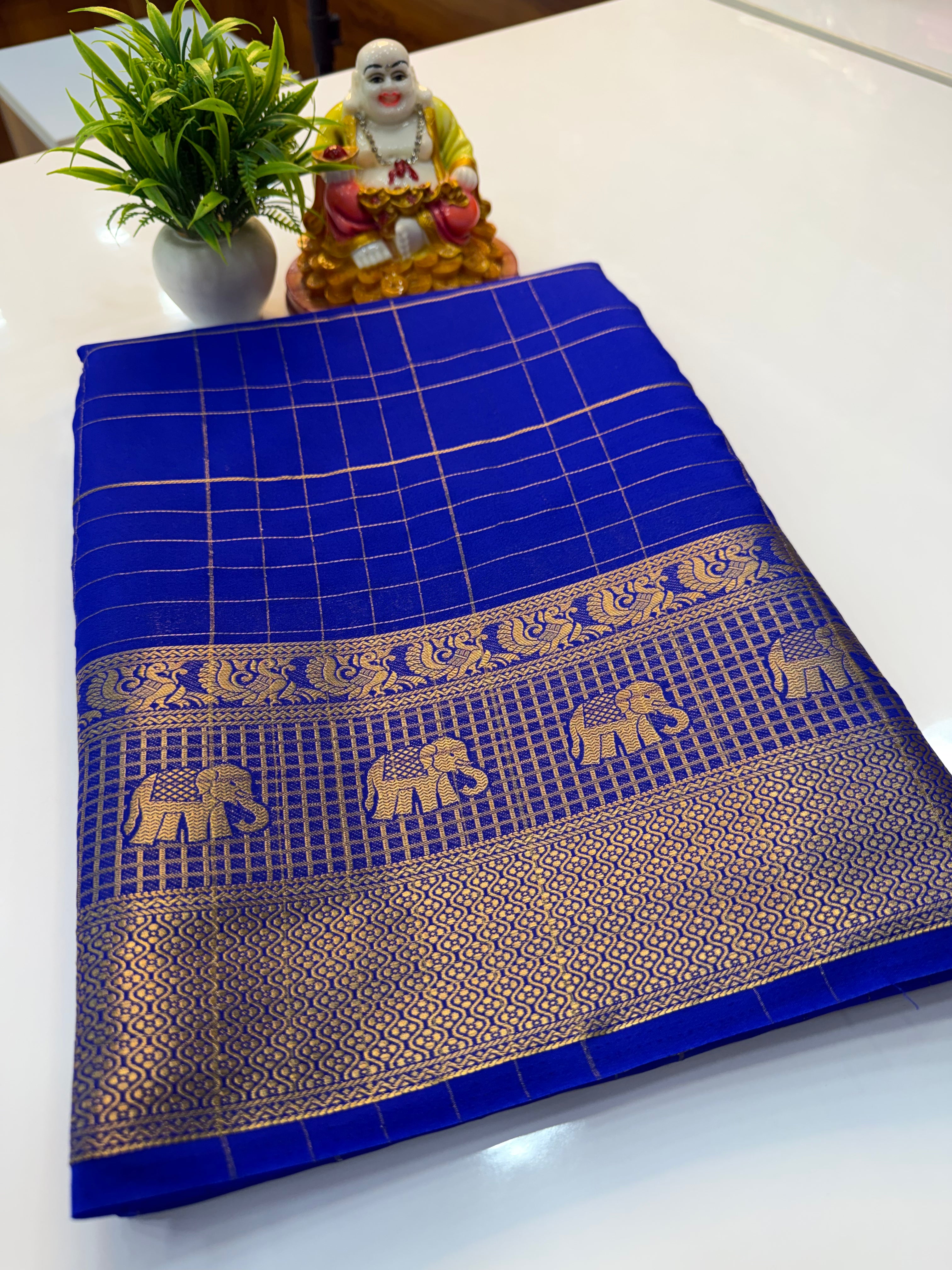 Mysore Crepe Silk Saree with Elephant Border & Checks Pattern