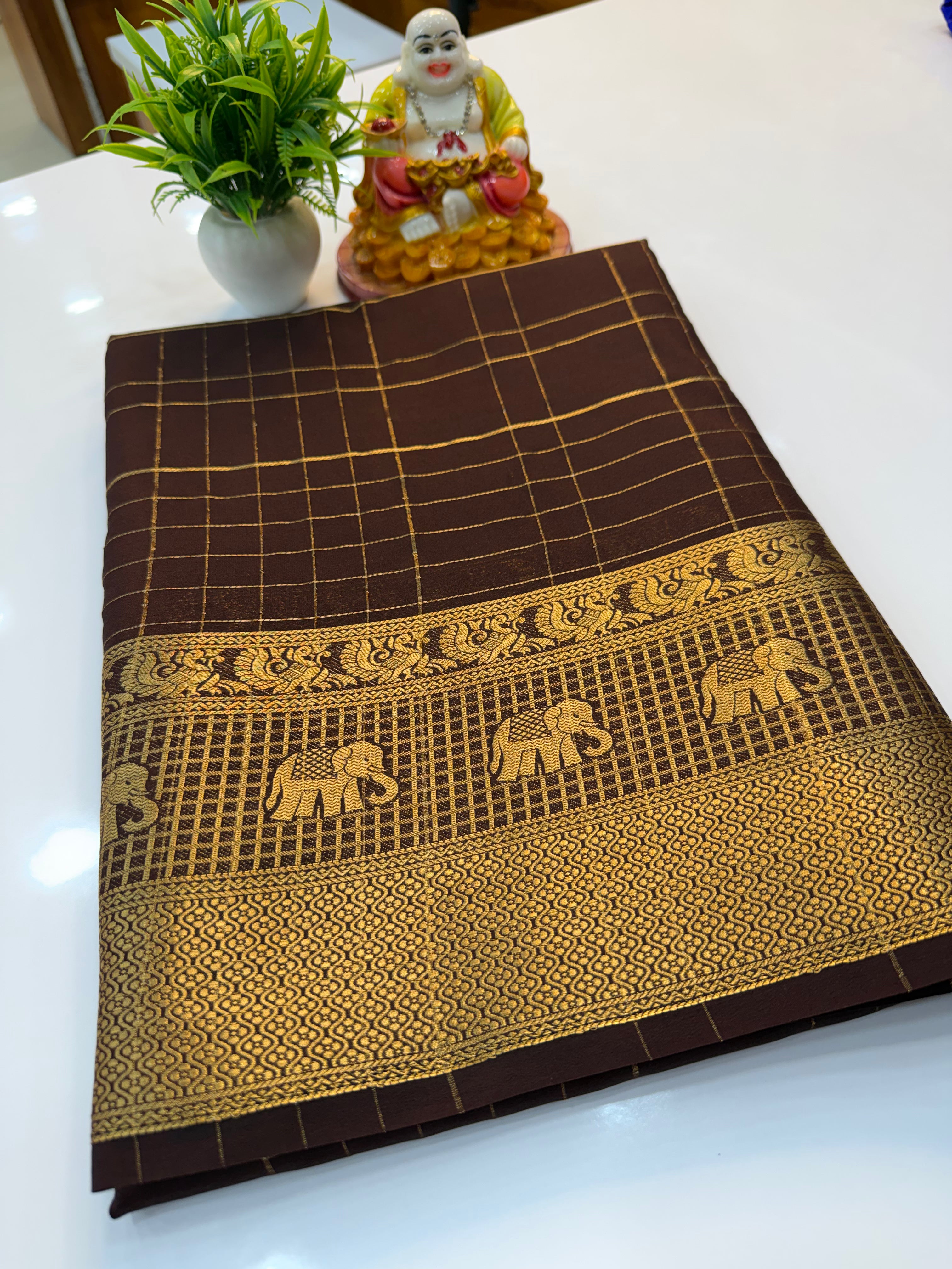 Mysore Crepe Silk Saree with Elephant Border & Checks Pattern