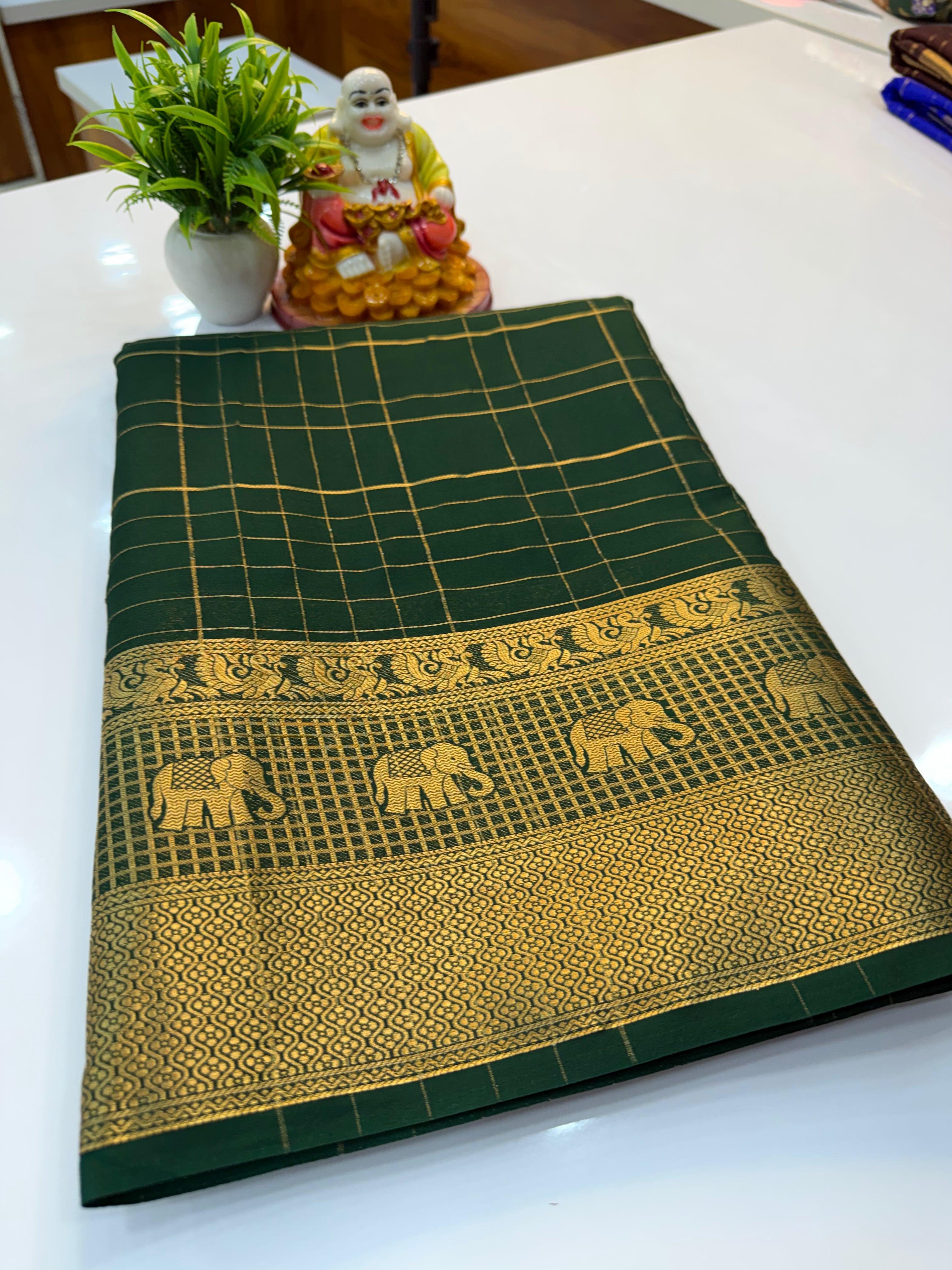 Mysore Crepe Silk Saree with Elephant Border & Checks Pattern