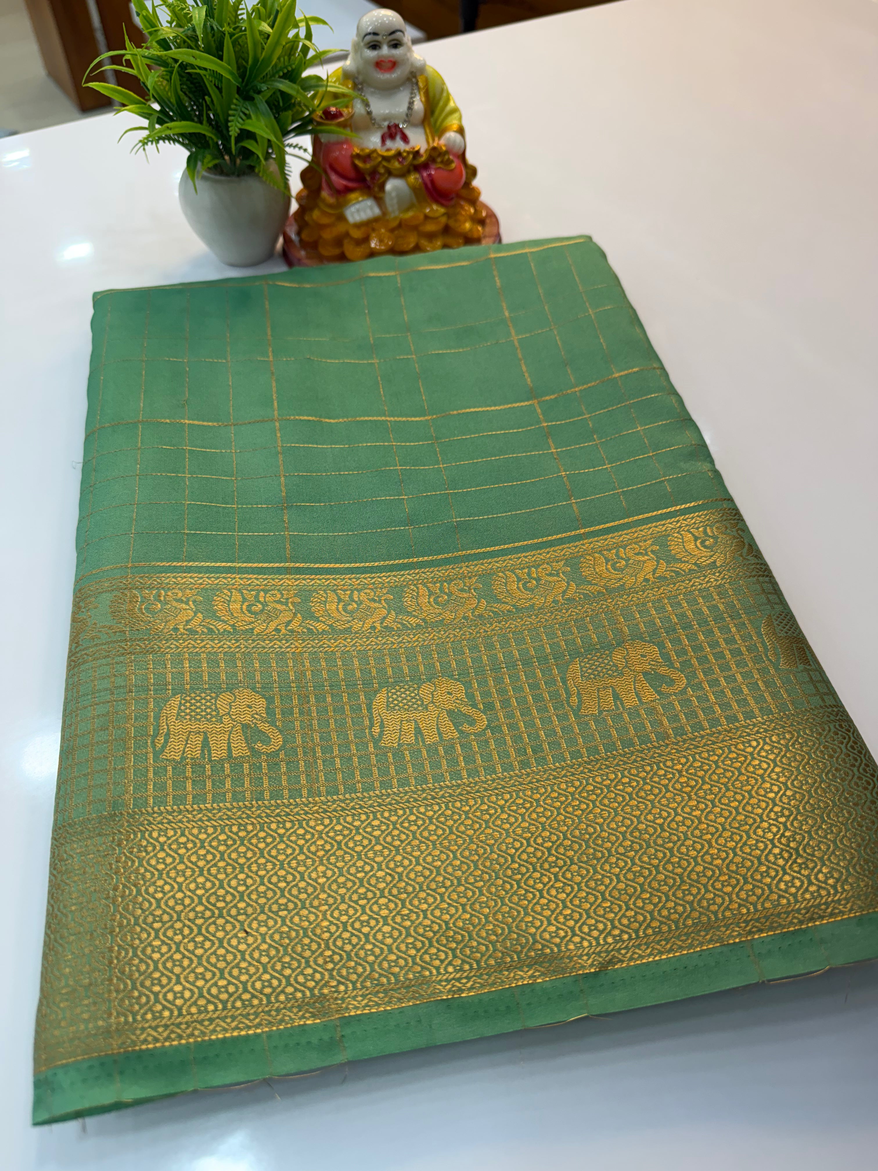 Mysore Crepe Silk Saree with Elephant Border & Checks Pattern