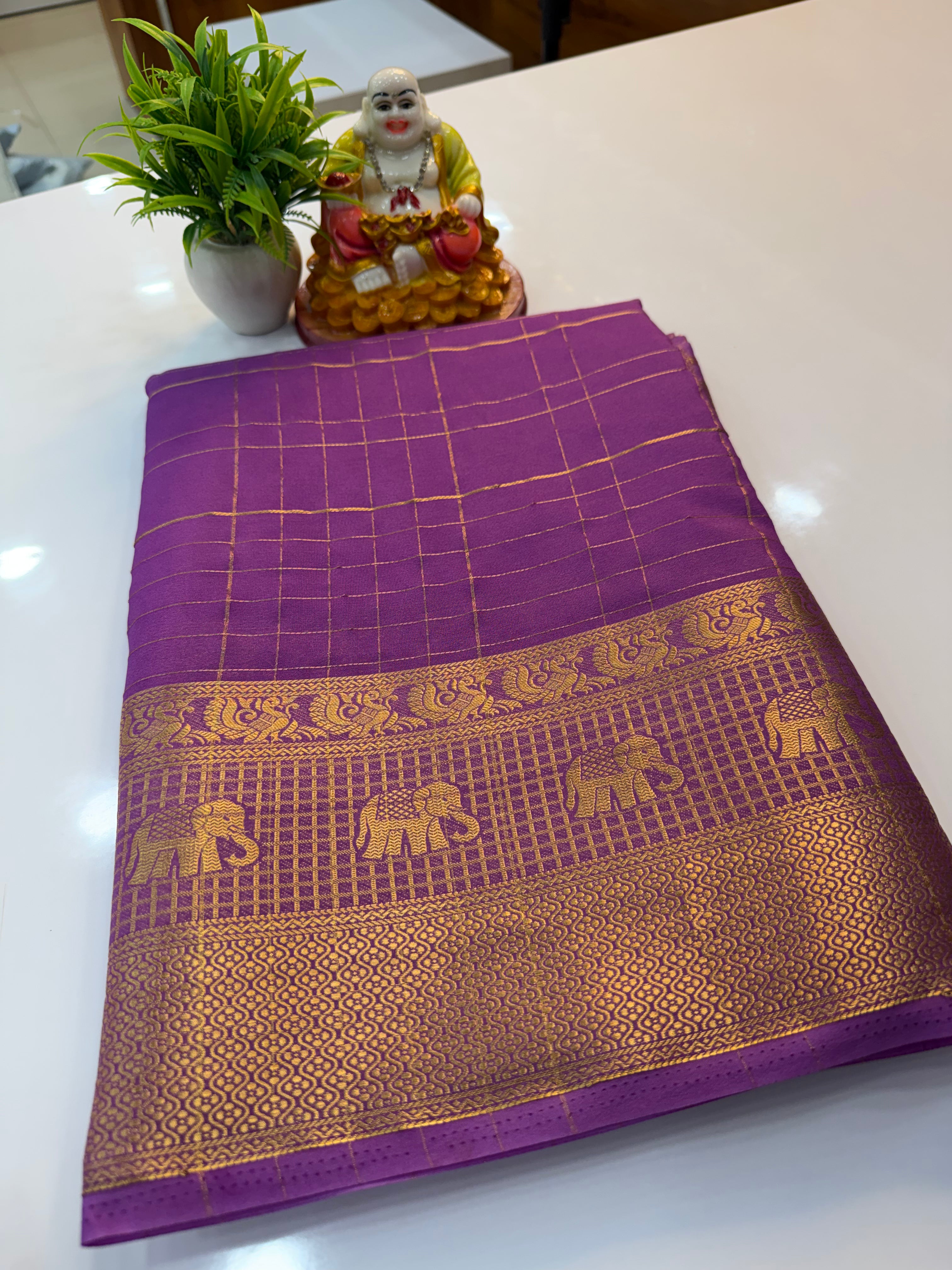 Mysore Crepe Silk Saree with Elephant Border & Checks Pattern