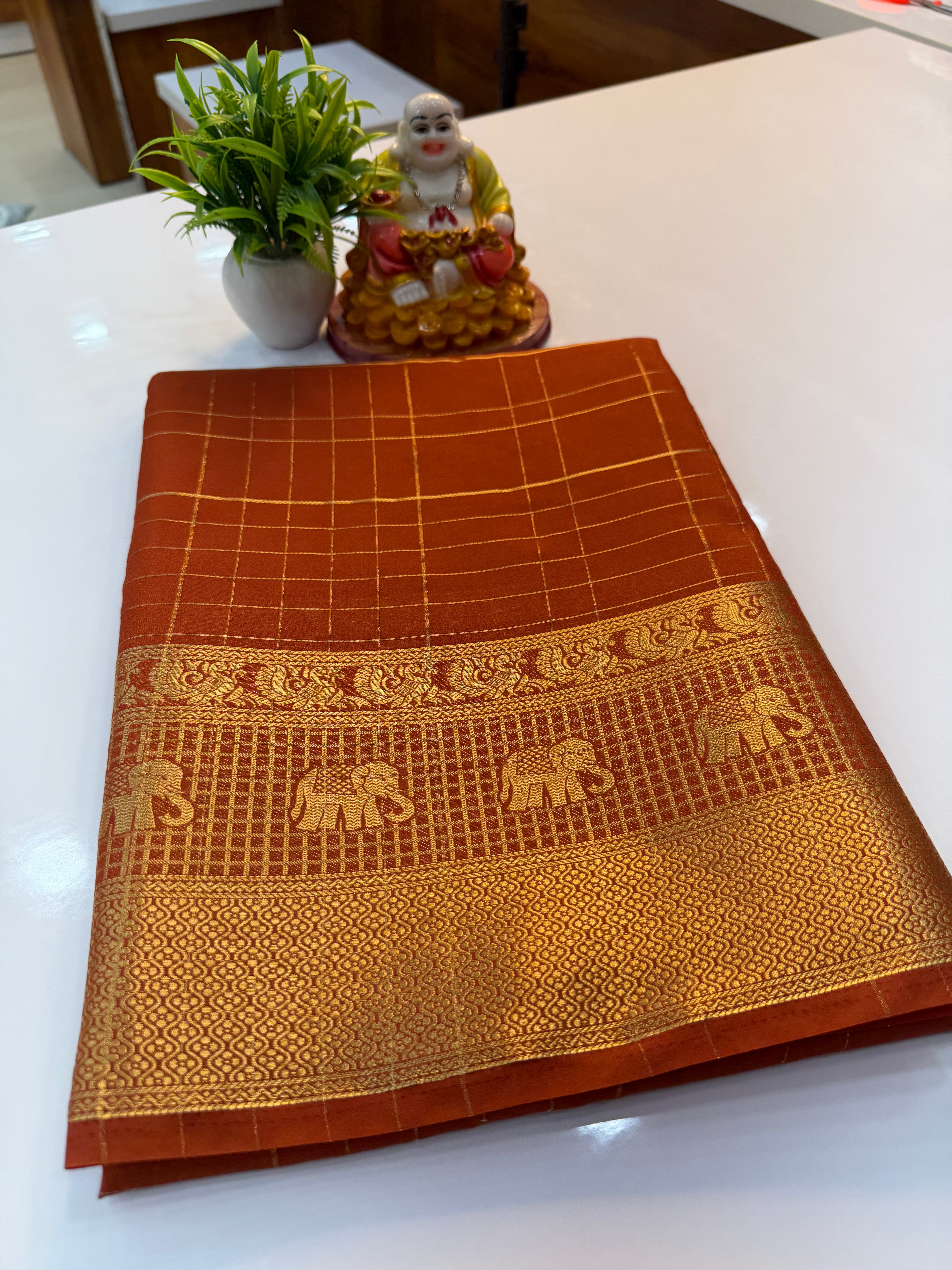 Mysore Crepe Silk Saree with Elephant Border & Checks Pattern