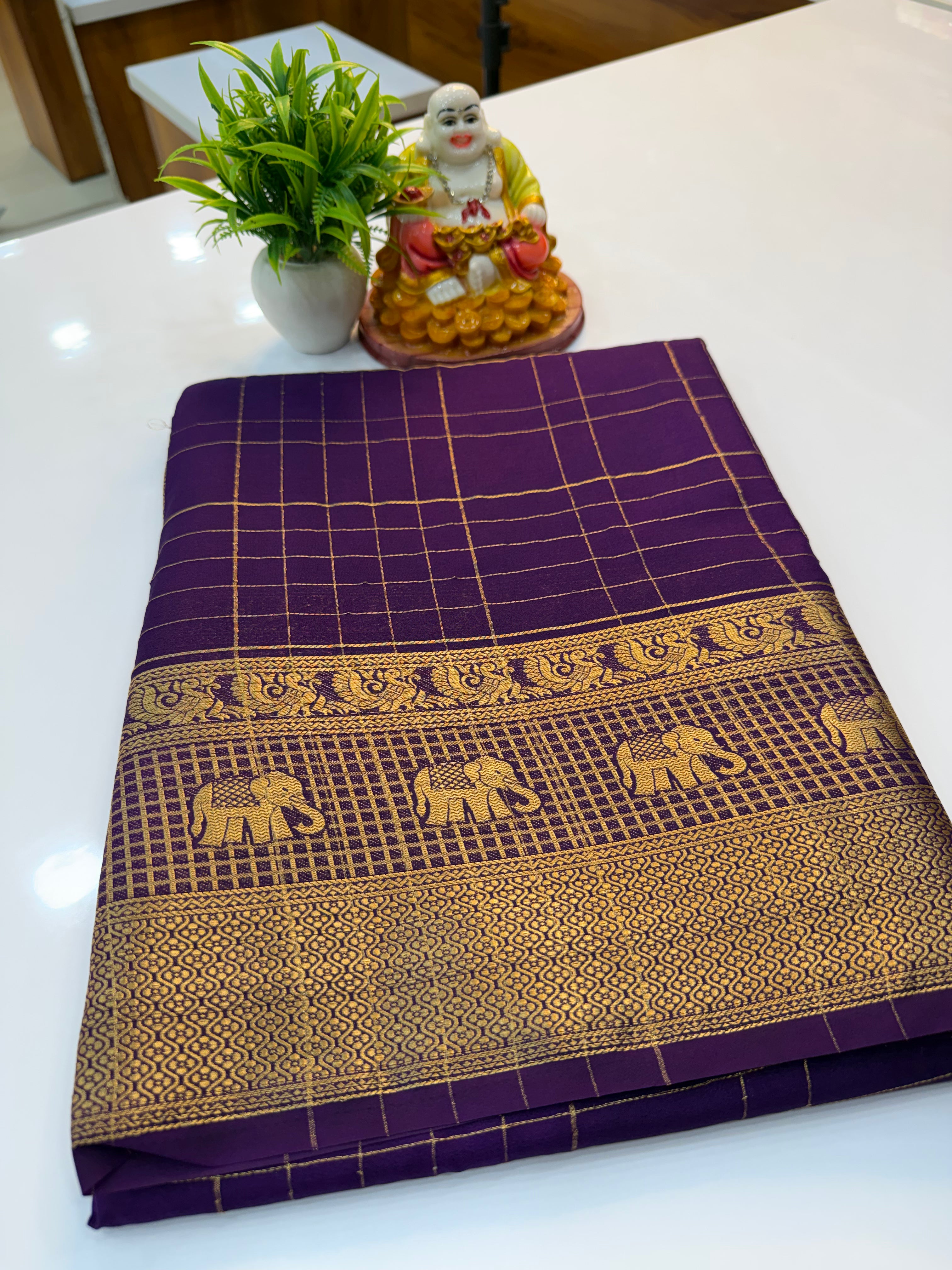 Mysore Crepe Silk Saree with Elephant Border & Checks Pattern