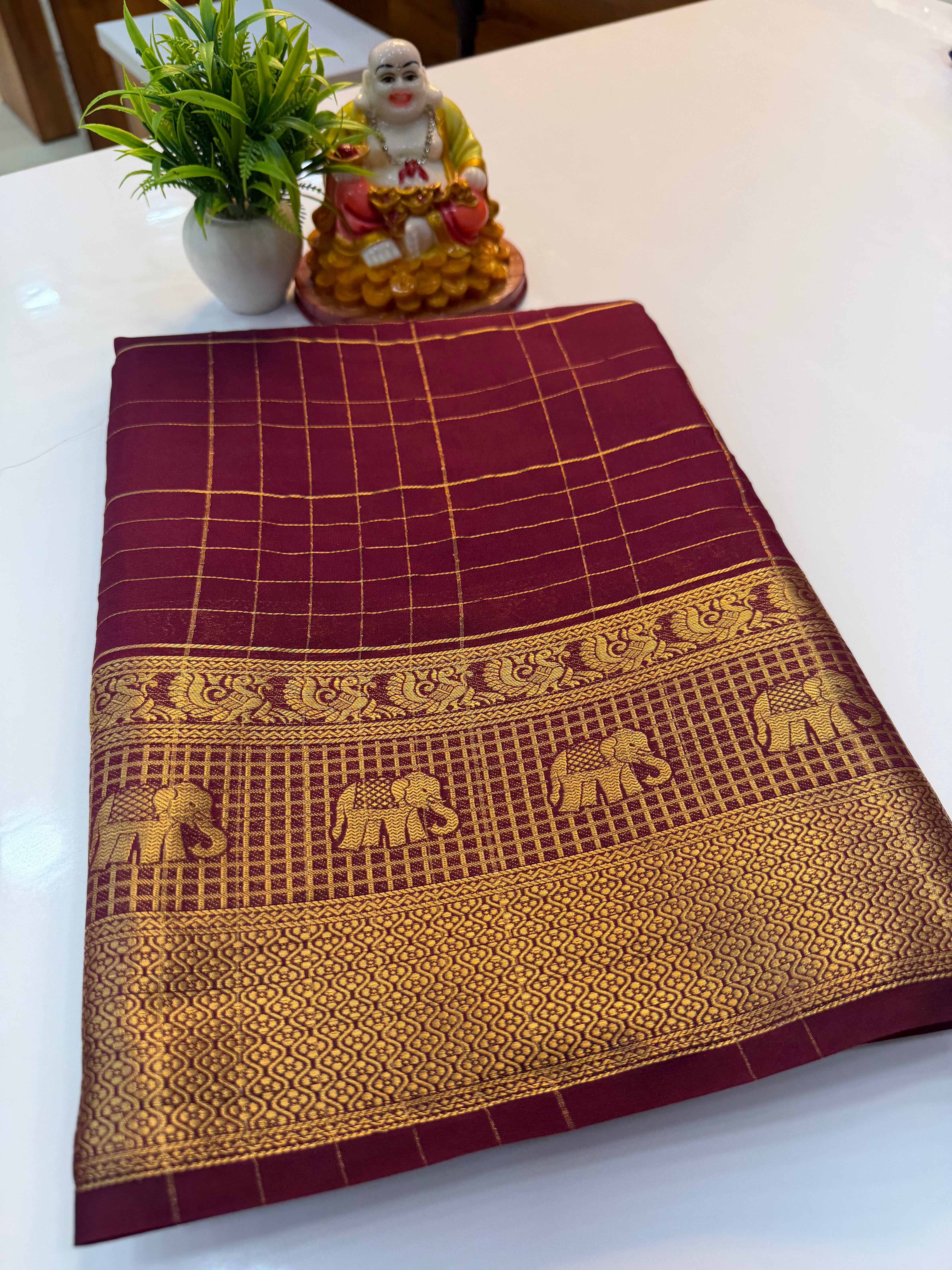 Mysore Crepe Silk Saree with Elephant Border & Checks Pattern