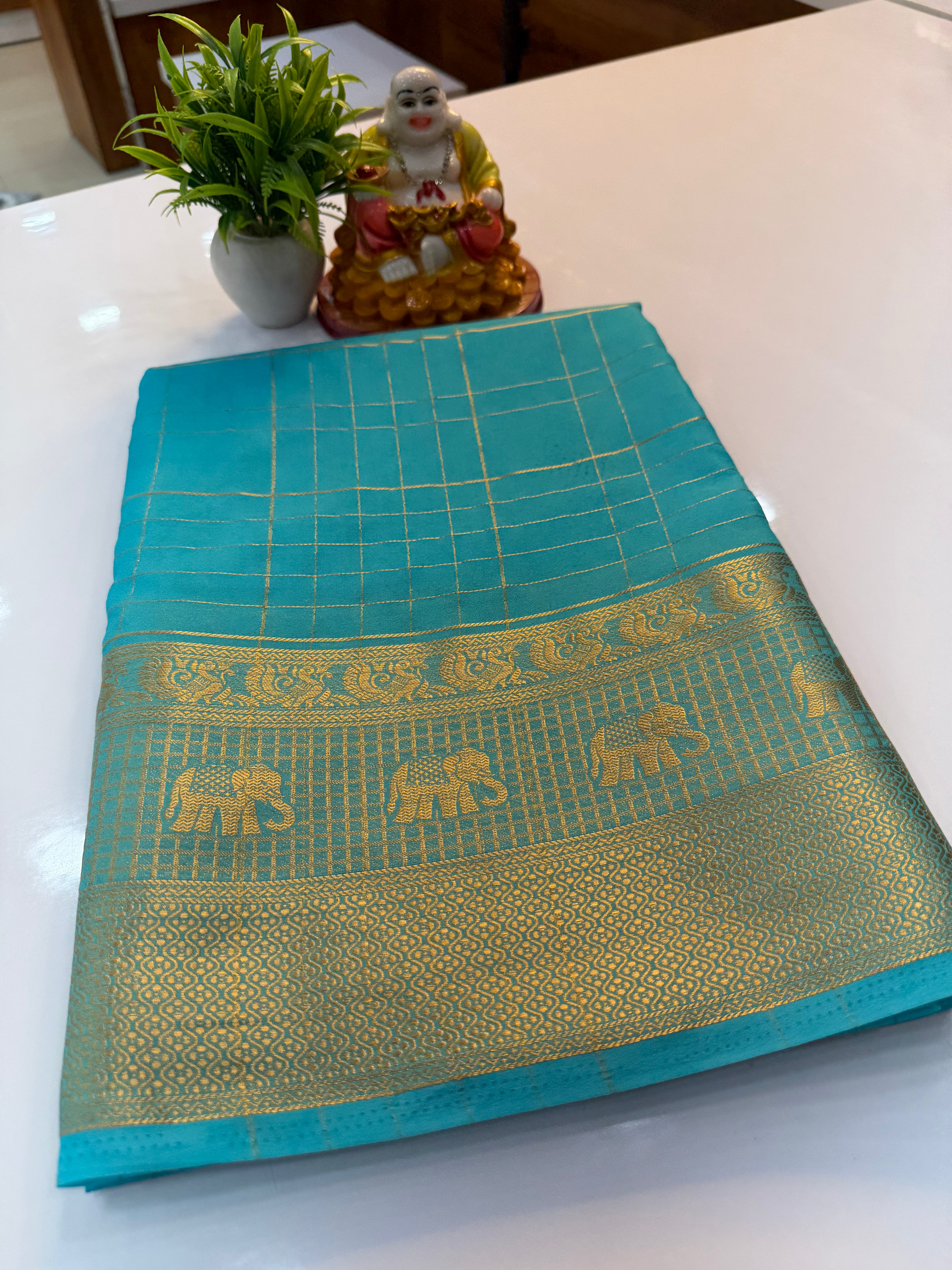 Mysore Crepe Silk Saree with Elephant Border & Checks Pattern