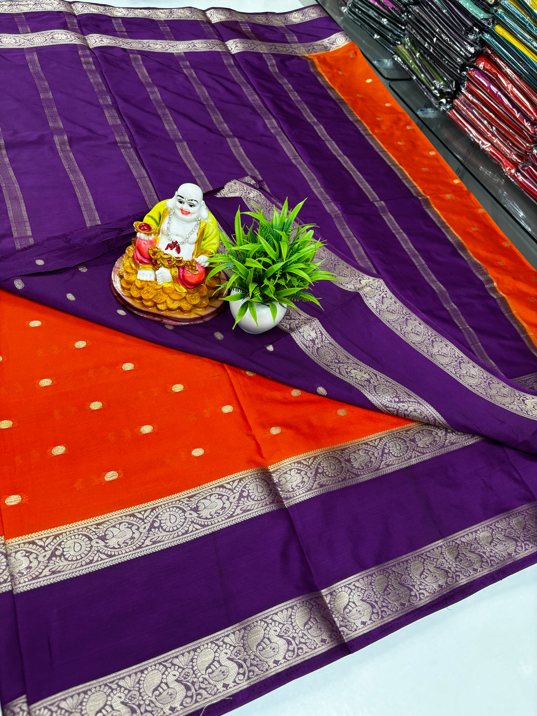 Mysore Crepe Silk Saree with Buttas & Peacock Bentex Border